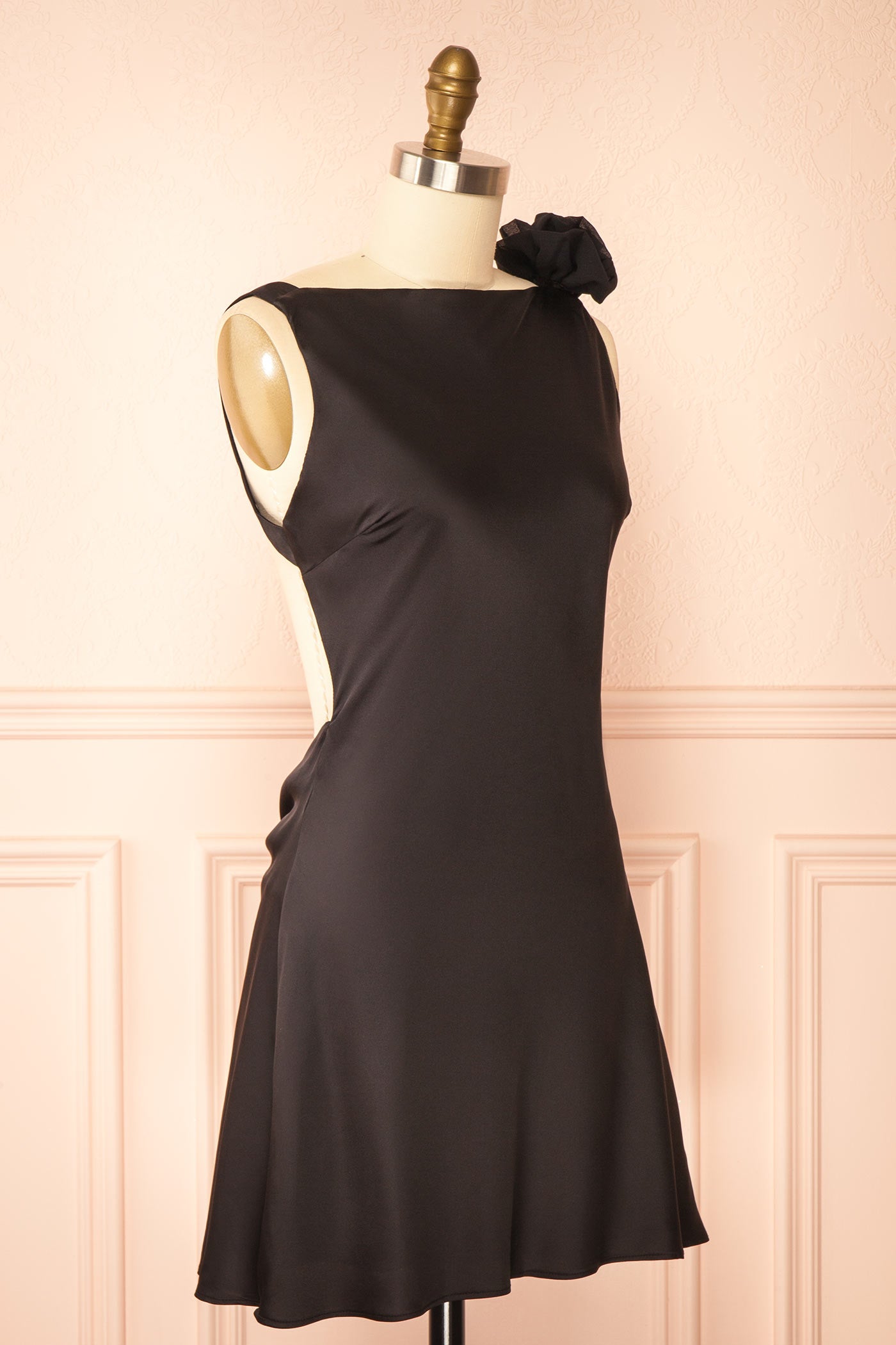 Abdela Black Satin Short Dress with Low Open Back | Boutique 1861 side