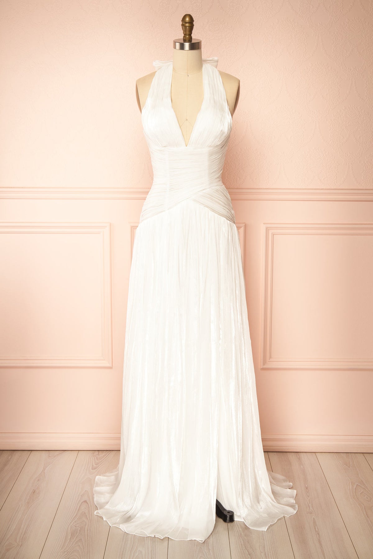 front view of Abelienne White Pleated Maxi Dress with High Slit at Boudoir 1861