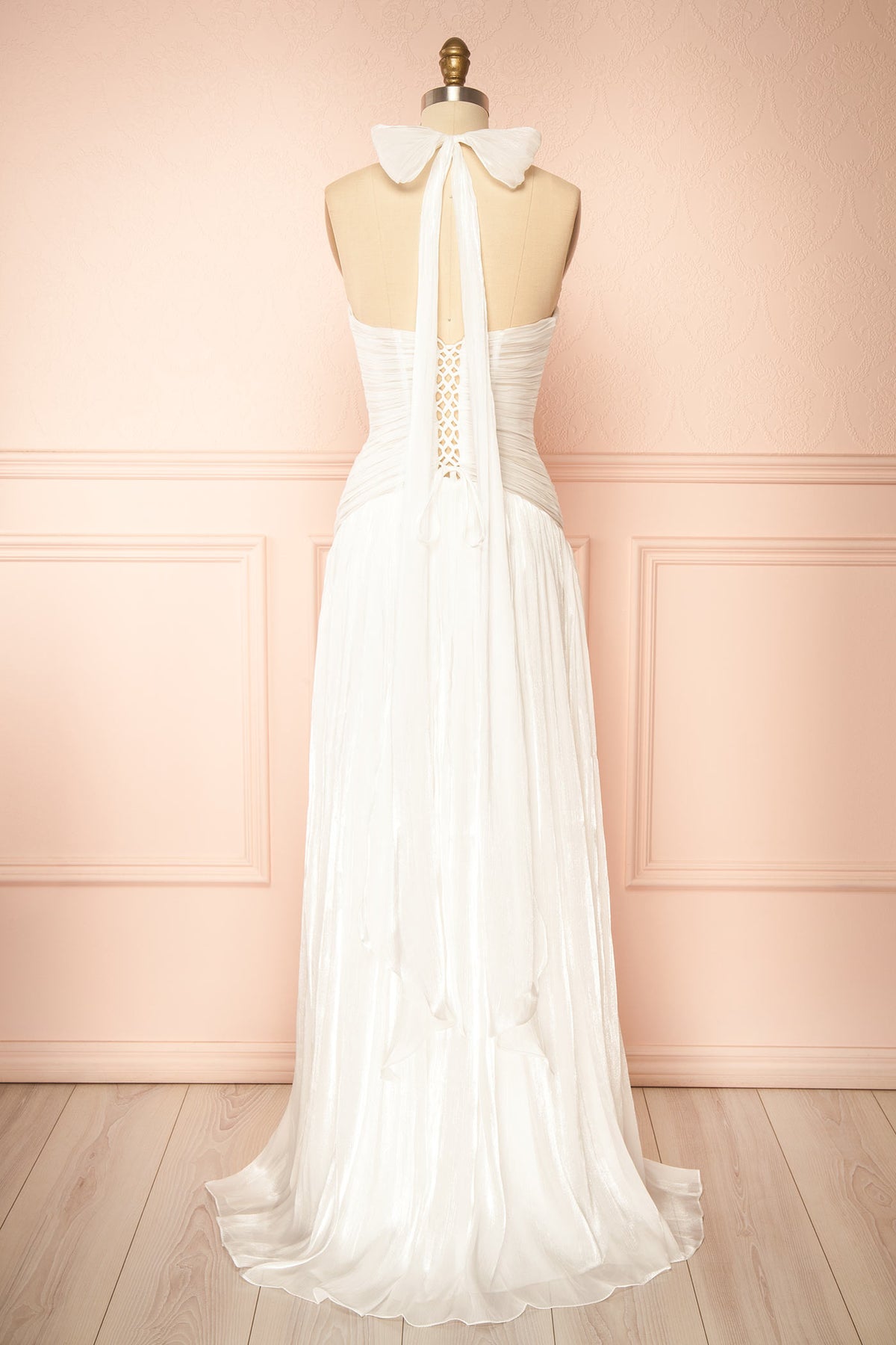 back view of Abelienne White Pleated Maxi Dress with High Slit at Boudoir 1861