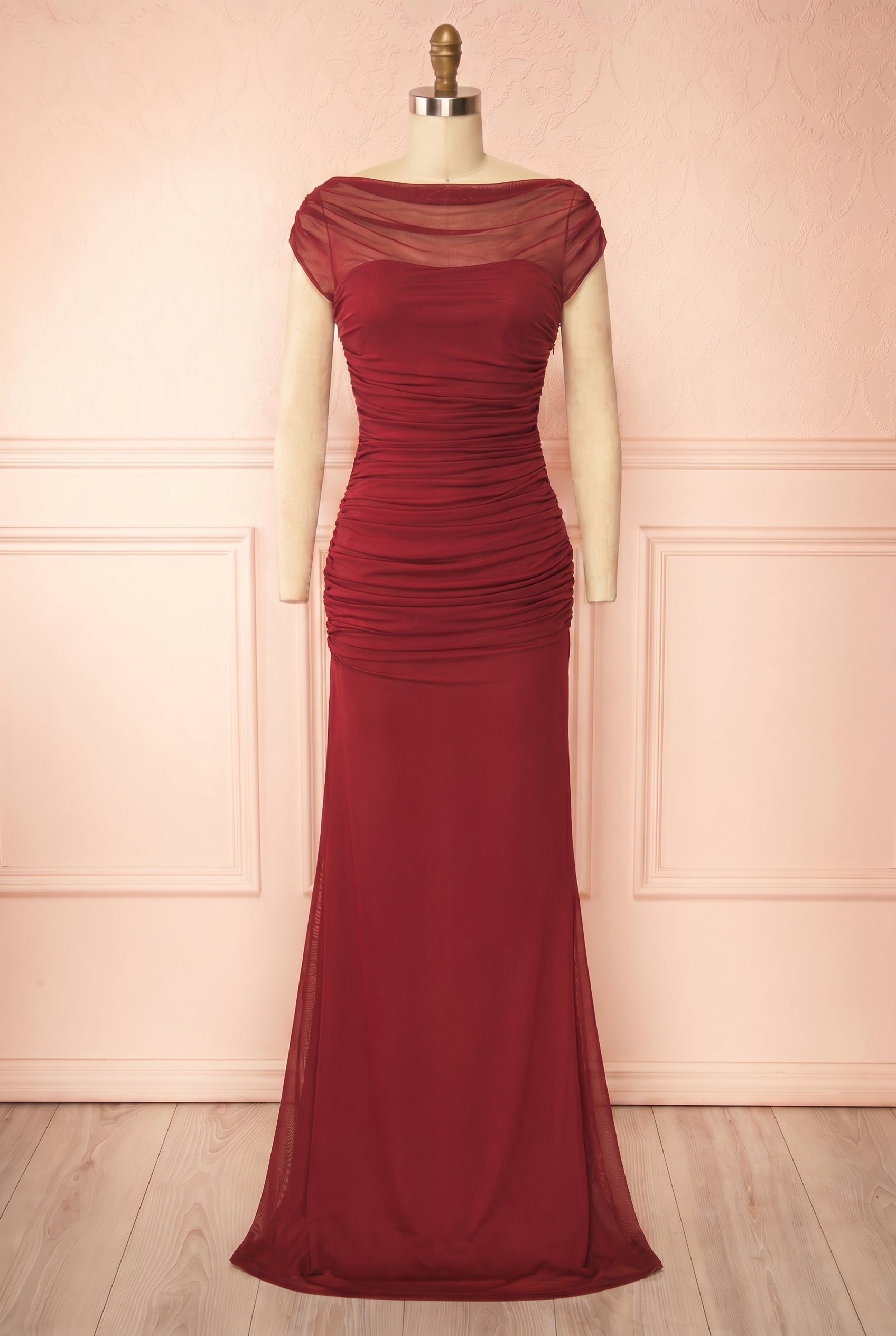 Abelina Bourgogne | Robe Maxi Ajustée en Mesh