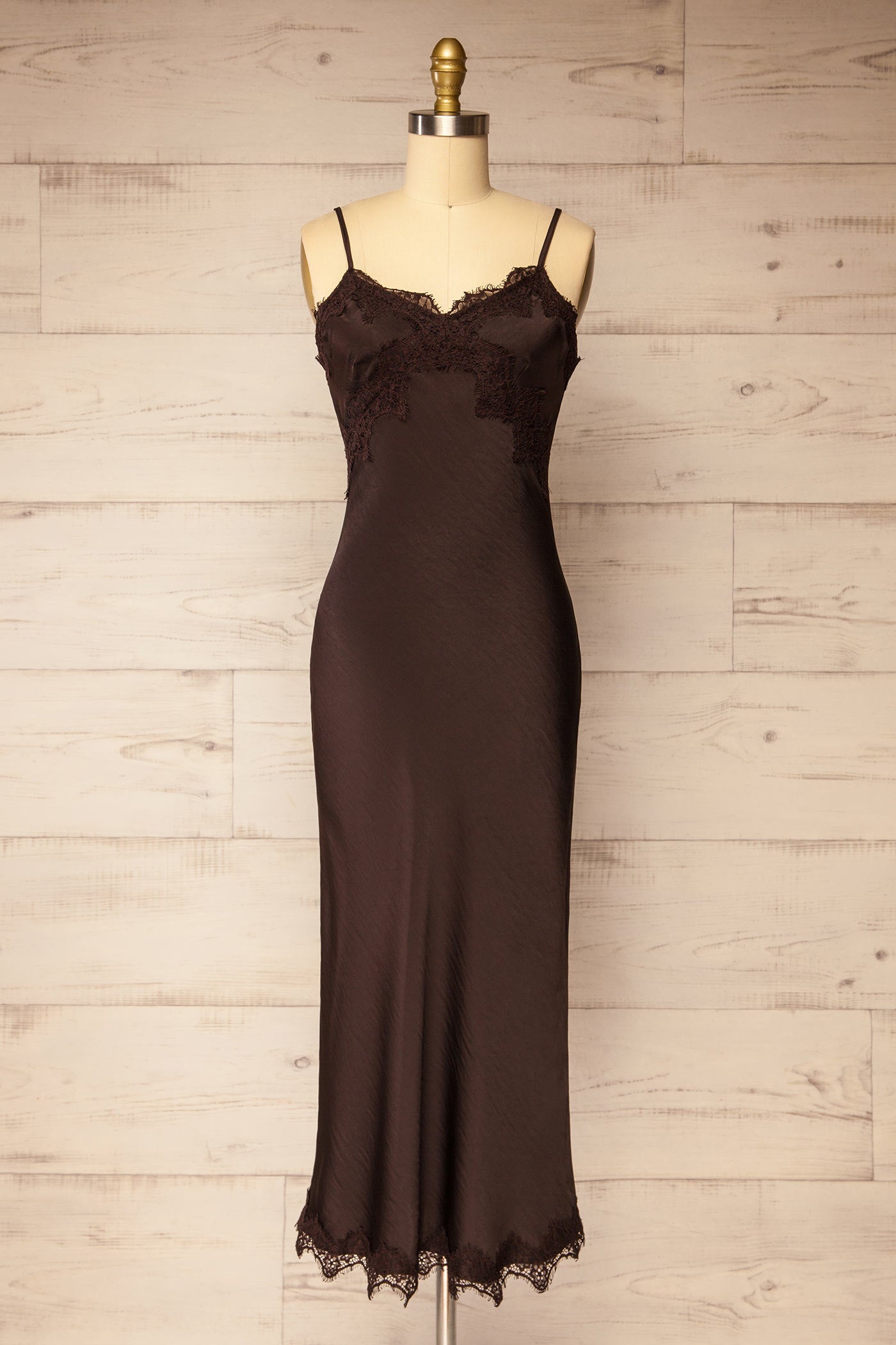 front view of Achim Brown Satin Lace-Trim Midi Slip Dress at La petite garçonne