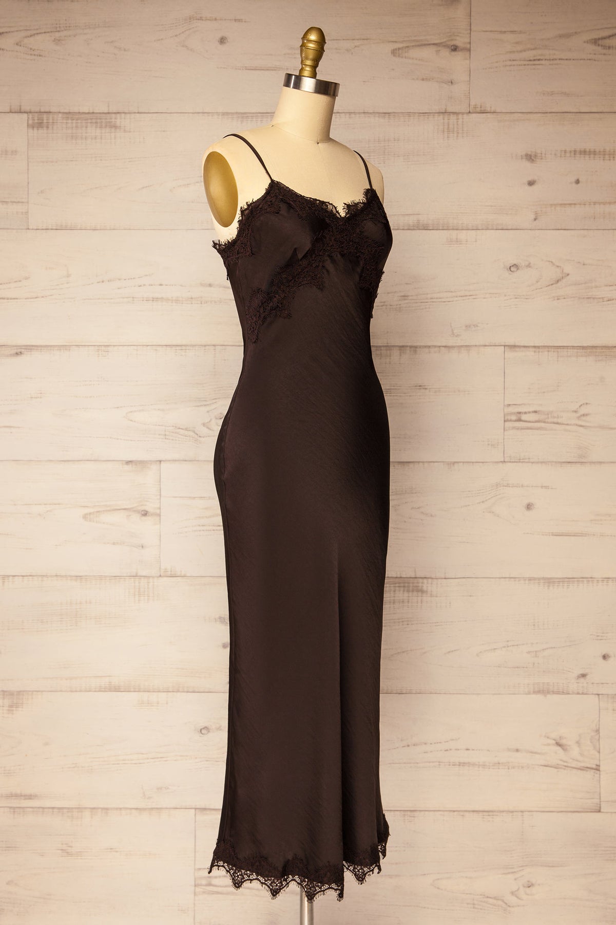 side view of Achim Brown Satin Lace-Trim Midi Slip Dress at La petite garçonne