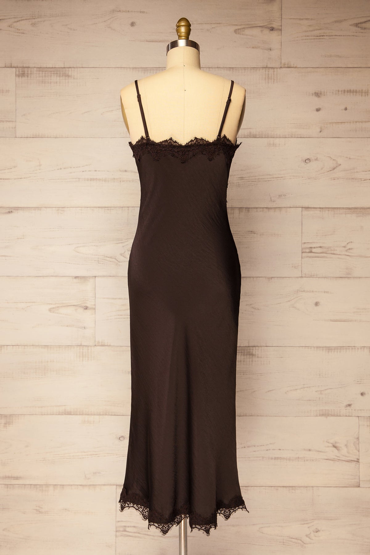 back view of Achim Brown Satin Lace-Trim Midi Slip Dress at La petite garçonne