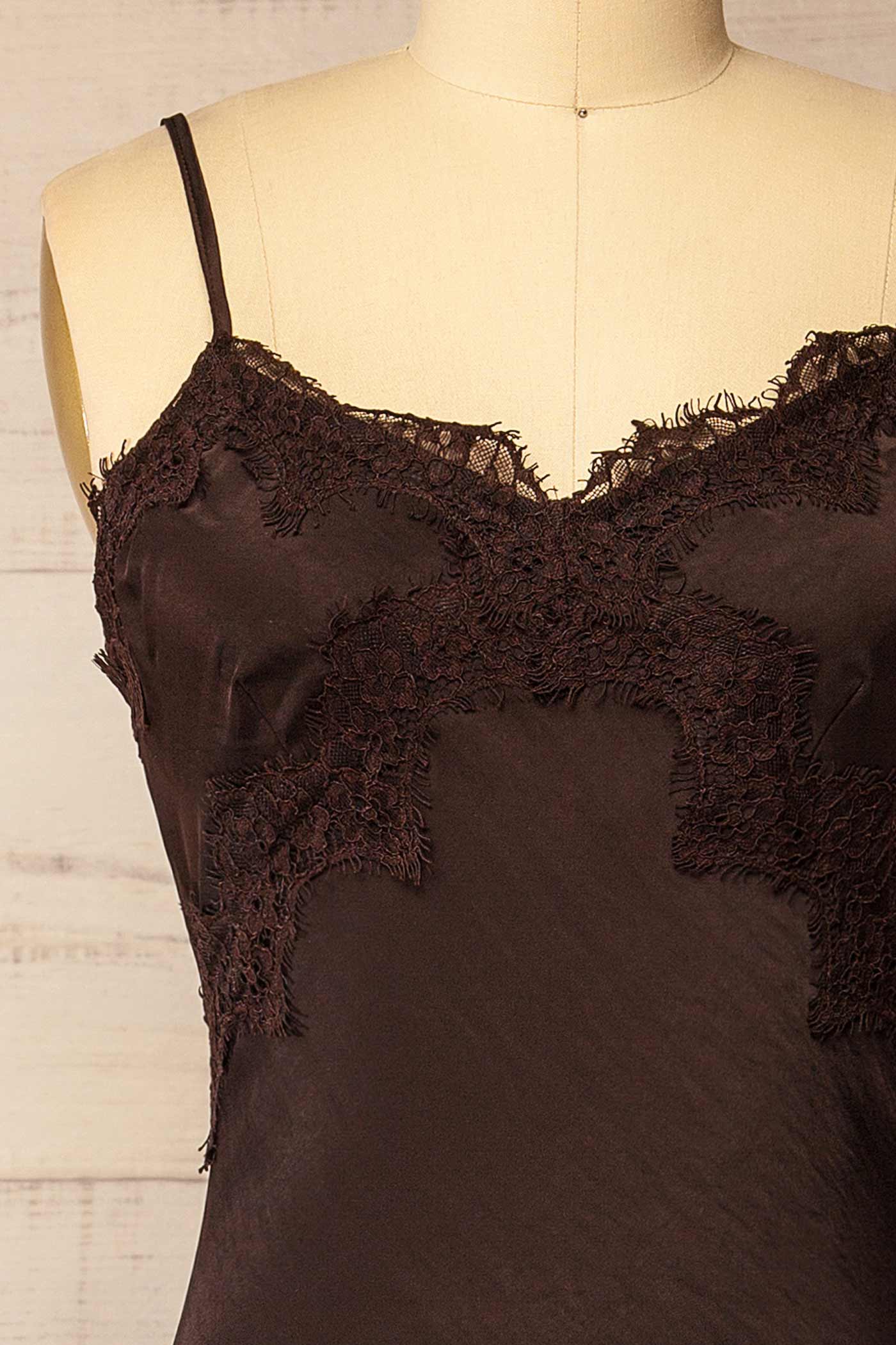 fabric view of Achim Brown Satin Lace-Trim Midi Slip Dress at La petite garçonne