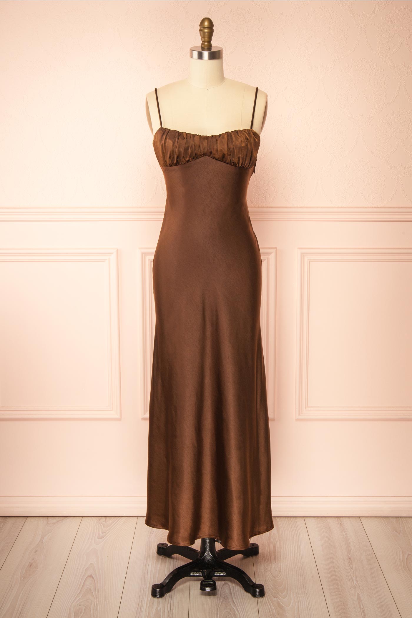 Acibelle Brown Maxi Satin Dress with Open Back | Boutique 1861 front view