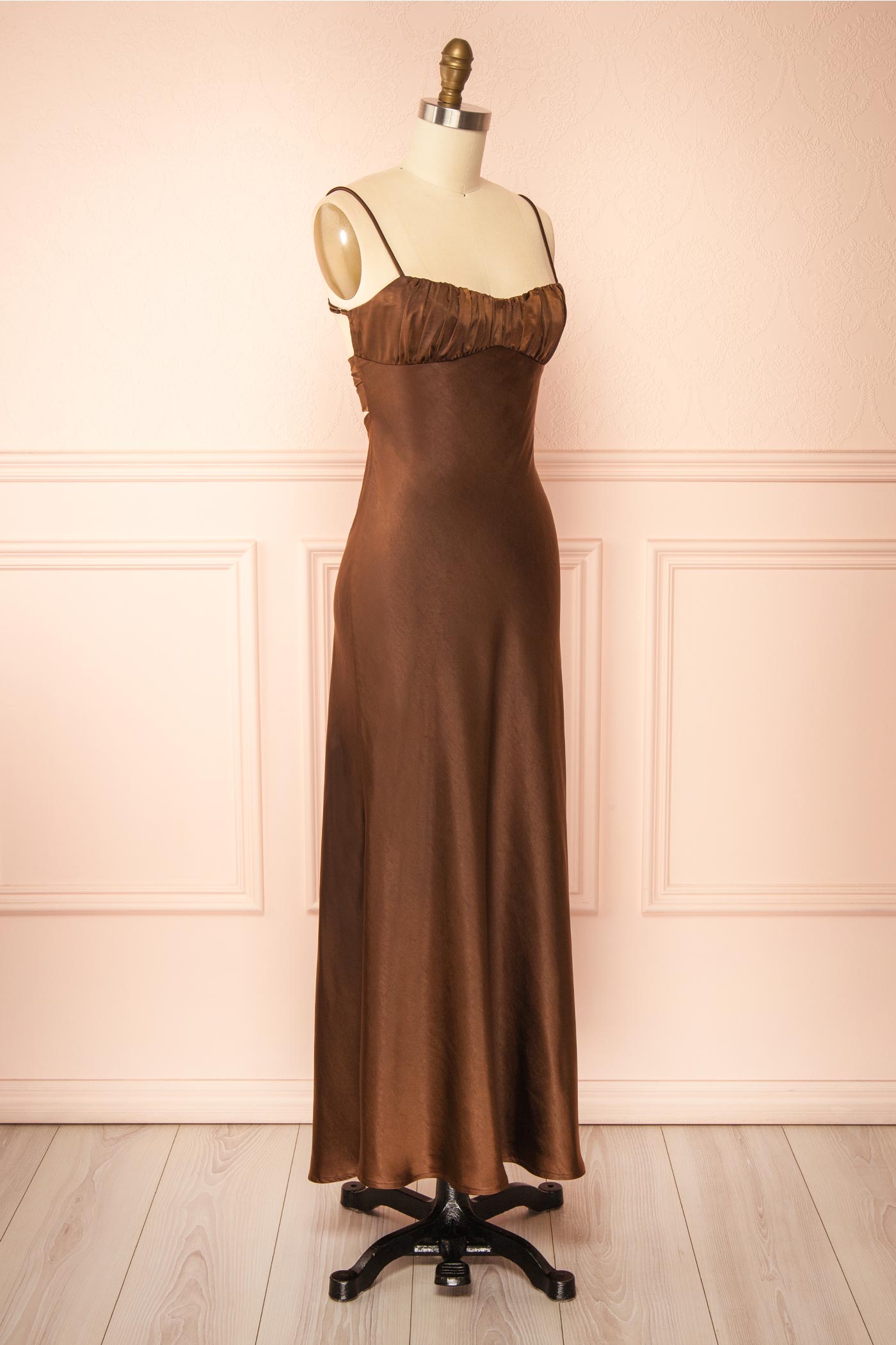 Acibelle Brown Maxi Satin Dress with Open Back | Boutique 1861 side view