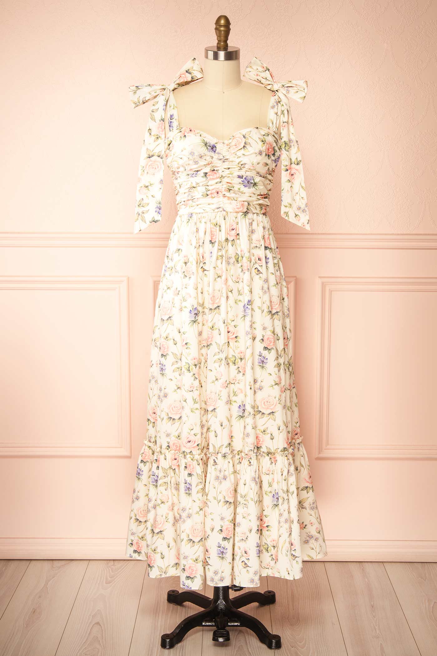 Acilia | Floral A-Line Midi Dress with Tie-Shoulder Straps