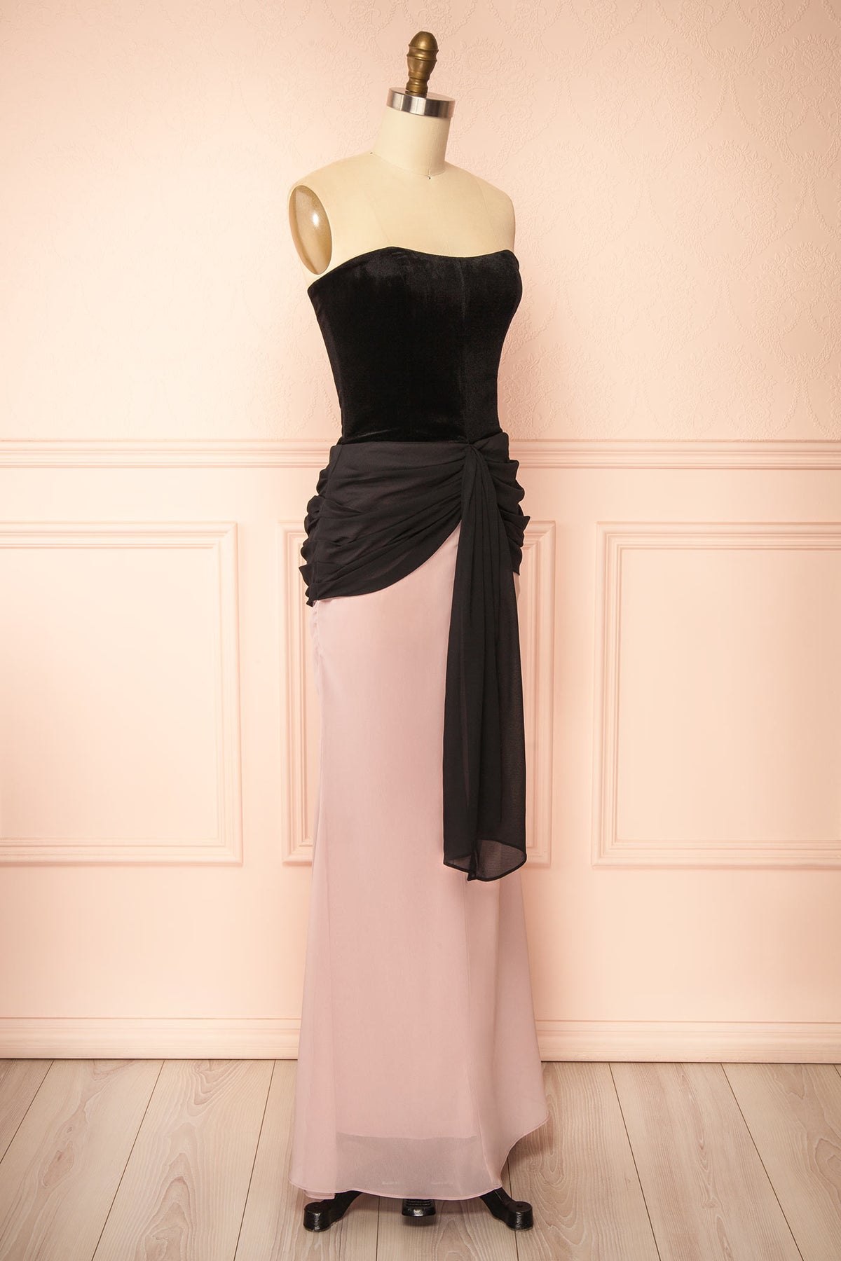 Side view of Acilie Black Strapless Velvet and Chiffon Bicolor Maxi Dress at Boutique 1861
