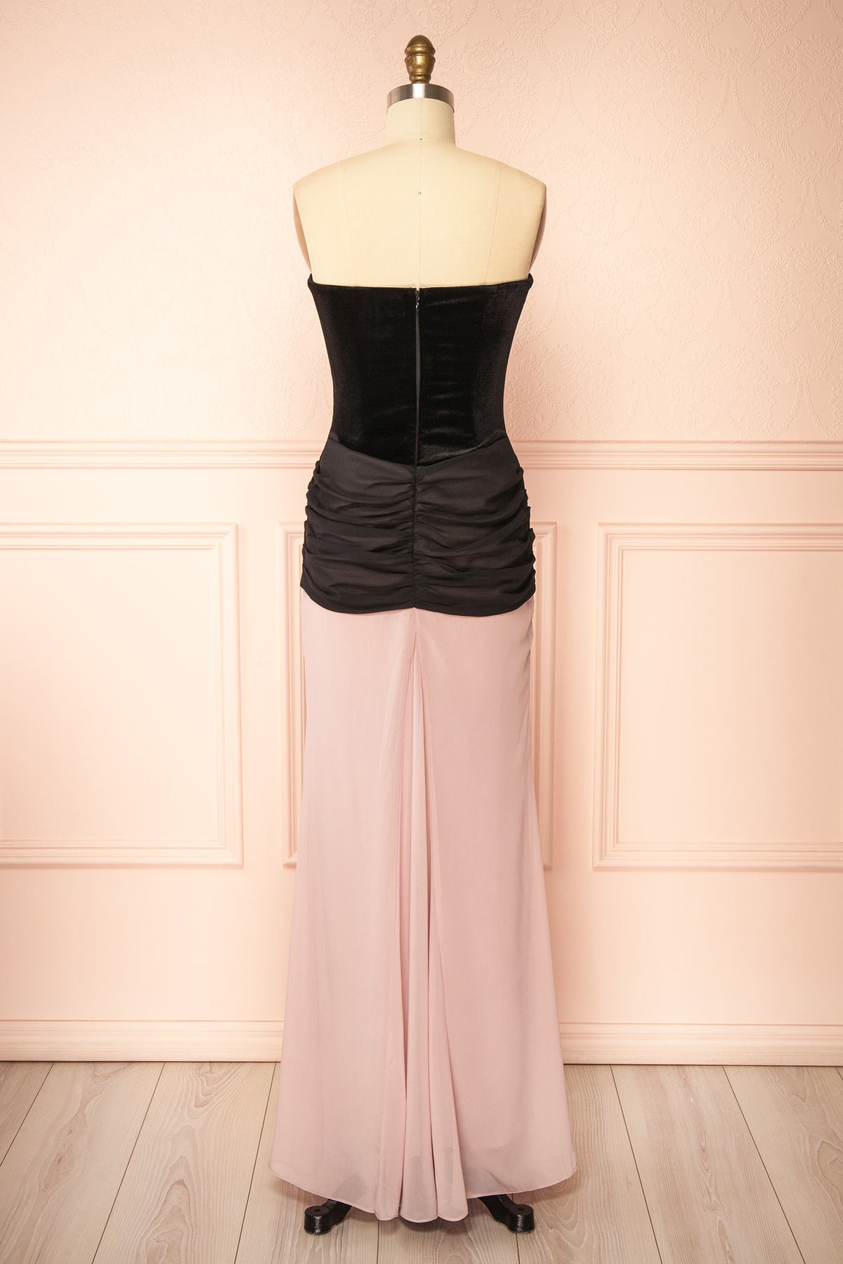 Back view of Acilie Black Strapless Velvet and Chiffon Bicolor Maxi Dress at Boutique 1861