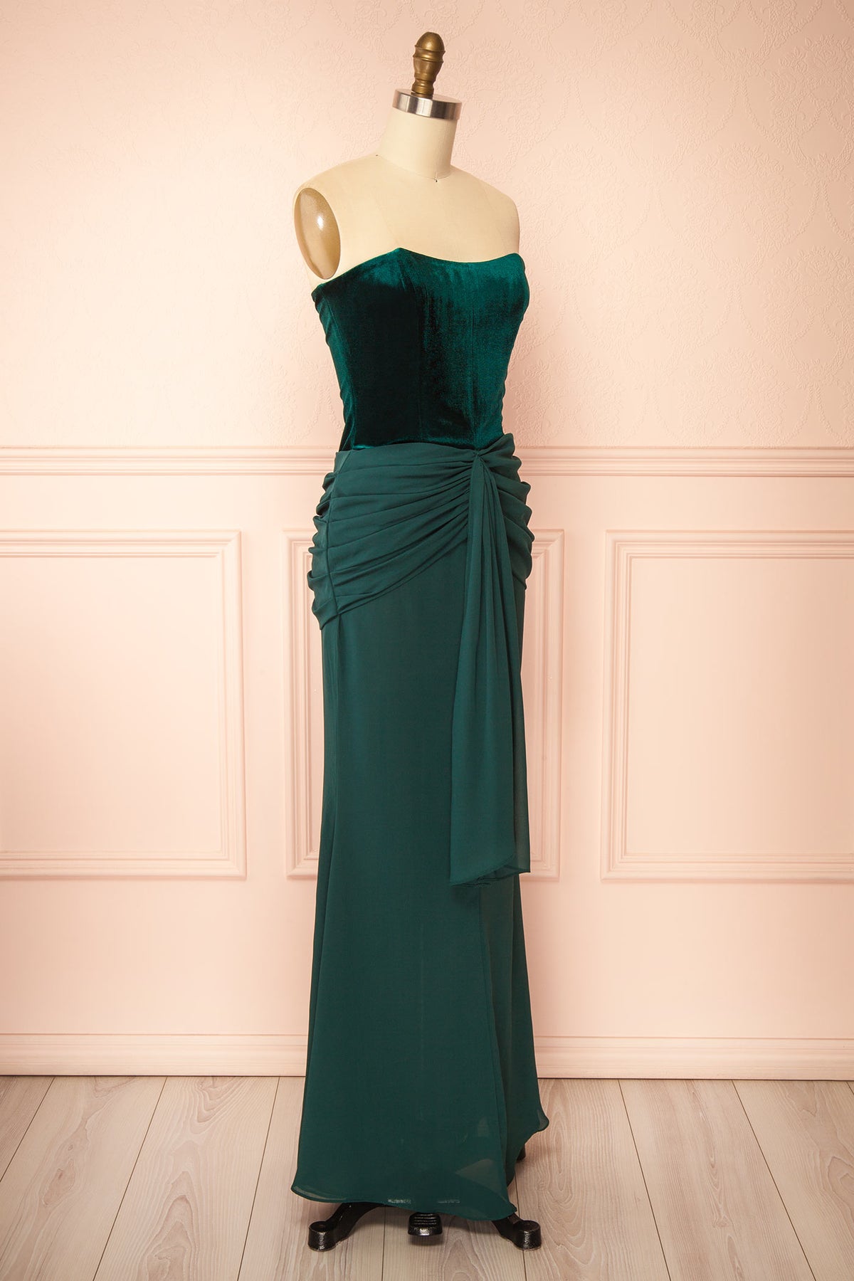 Side view of Acilie Green Strapless Velvet and Chiffon Bicolor Maxi Dress at Boutique 1861