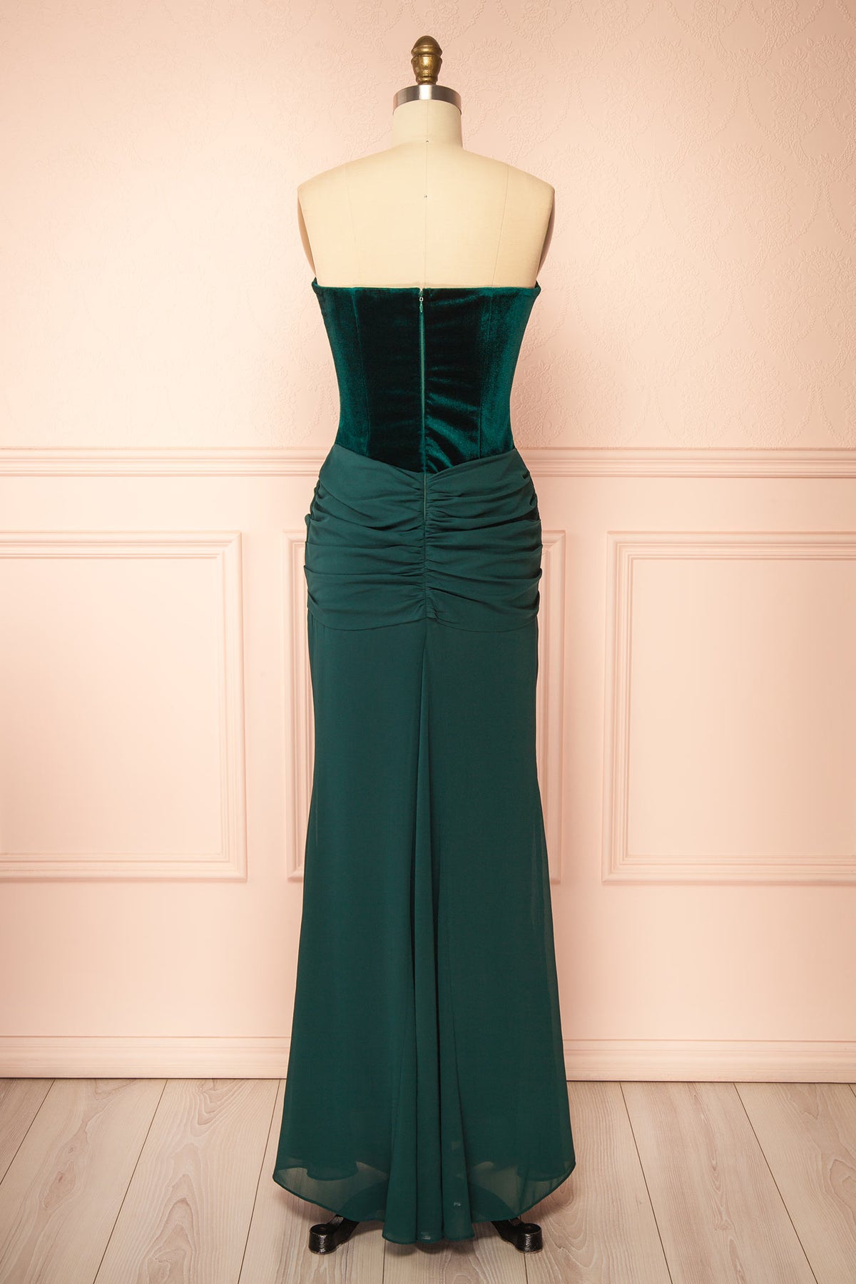Back view of Acilie Green Strapless Velvet and Chiffon Bicolor Maxi Dress at Boutique 1861