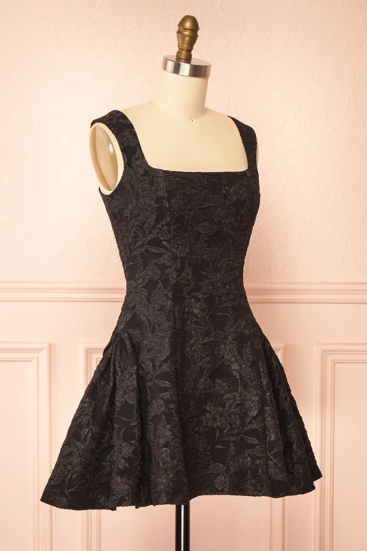 side view of Adalise Black Jacquard Short Dress at Boutique 1861