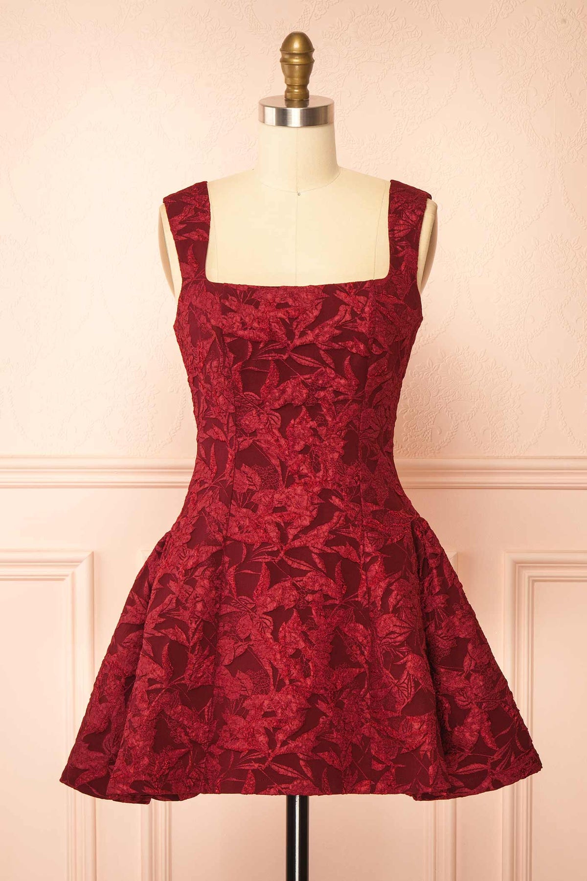 front view of Adalise Burgundy Jacquard Short Dress at Boutique 1861