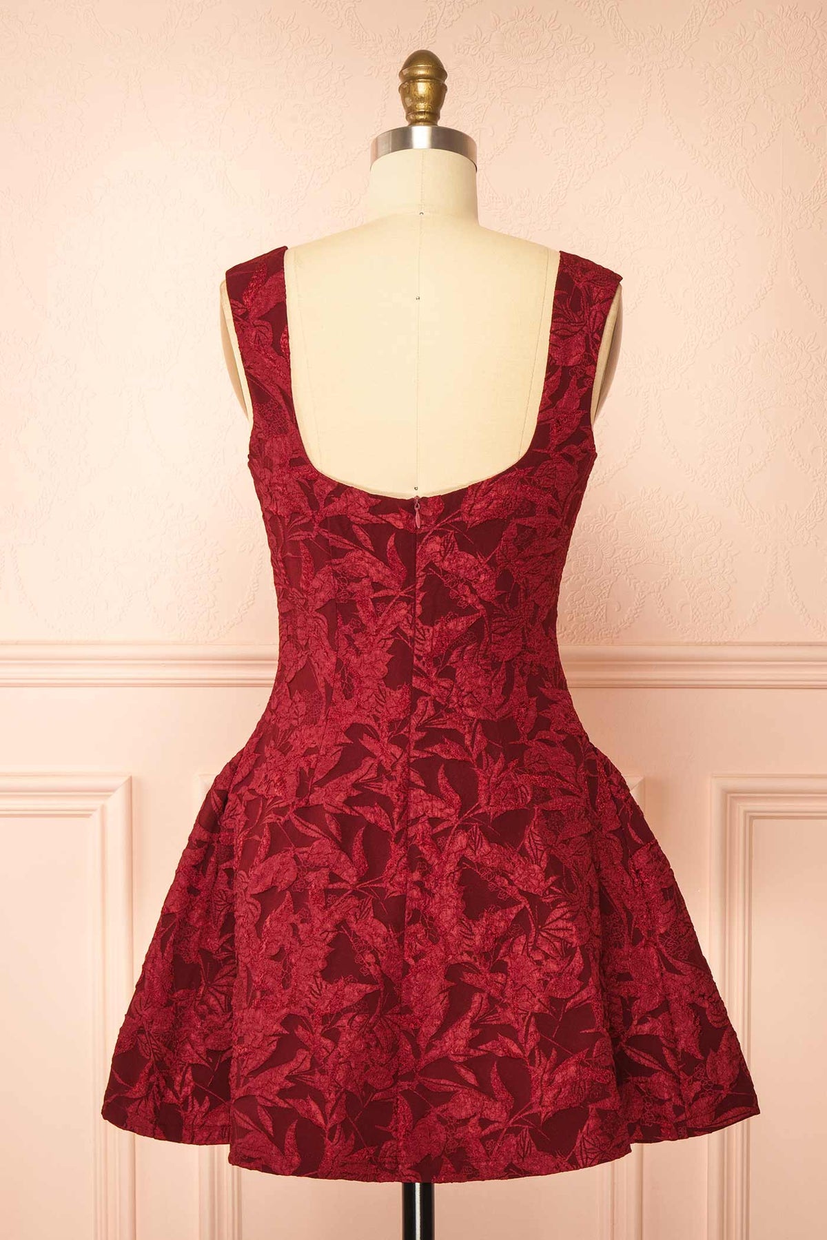 back view of Adalise Burgundy Jacquard Short Dress at Boutique 1861