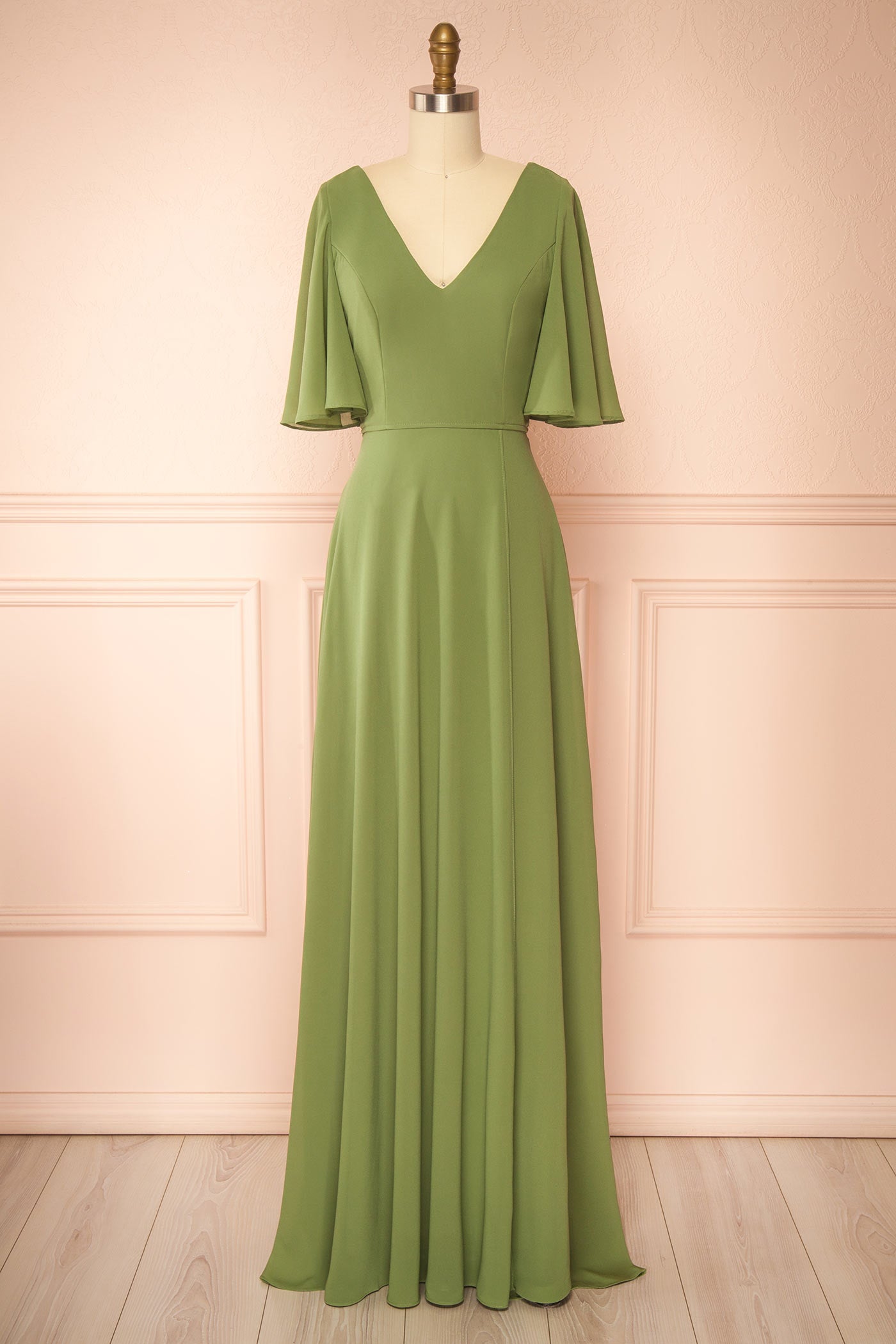 Adelphia Khaki V-Neck Chiffon Maxi Dress