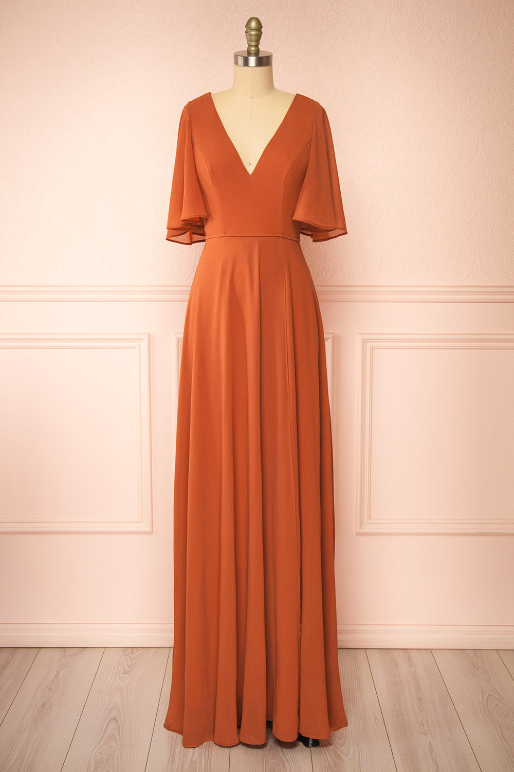 fitted lace wedding dress Adelphia Rust V-Neck Chiffon Maxi Dress