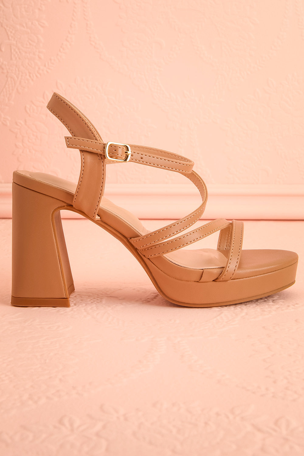 Side view of Adina Beige Strappy Platform Sandals with Block Heel from boutique 1861