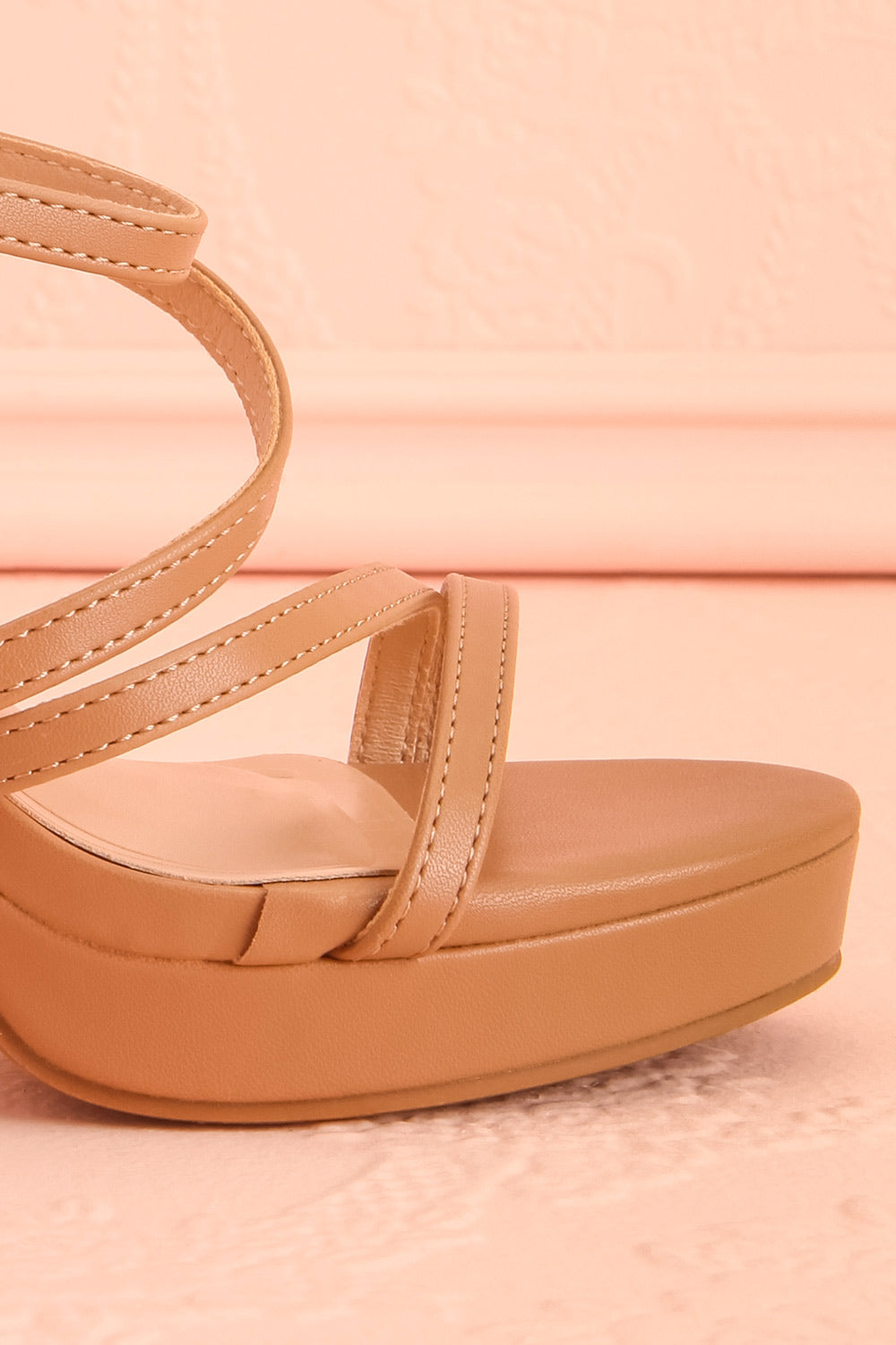 Close-up side view of Adina Beige Strappy Platform Sandals with Block Heel from boutique 1861