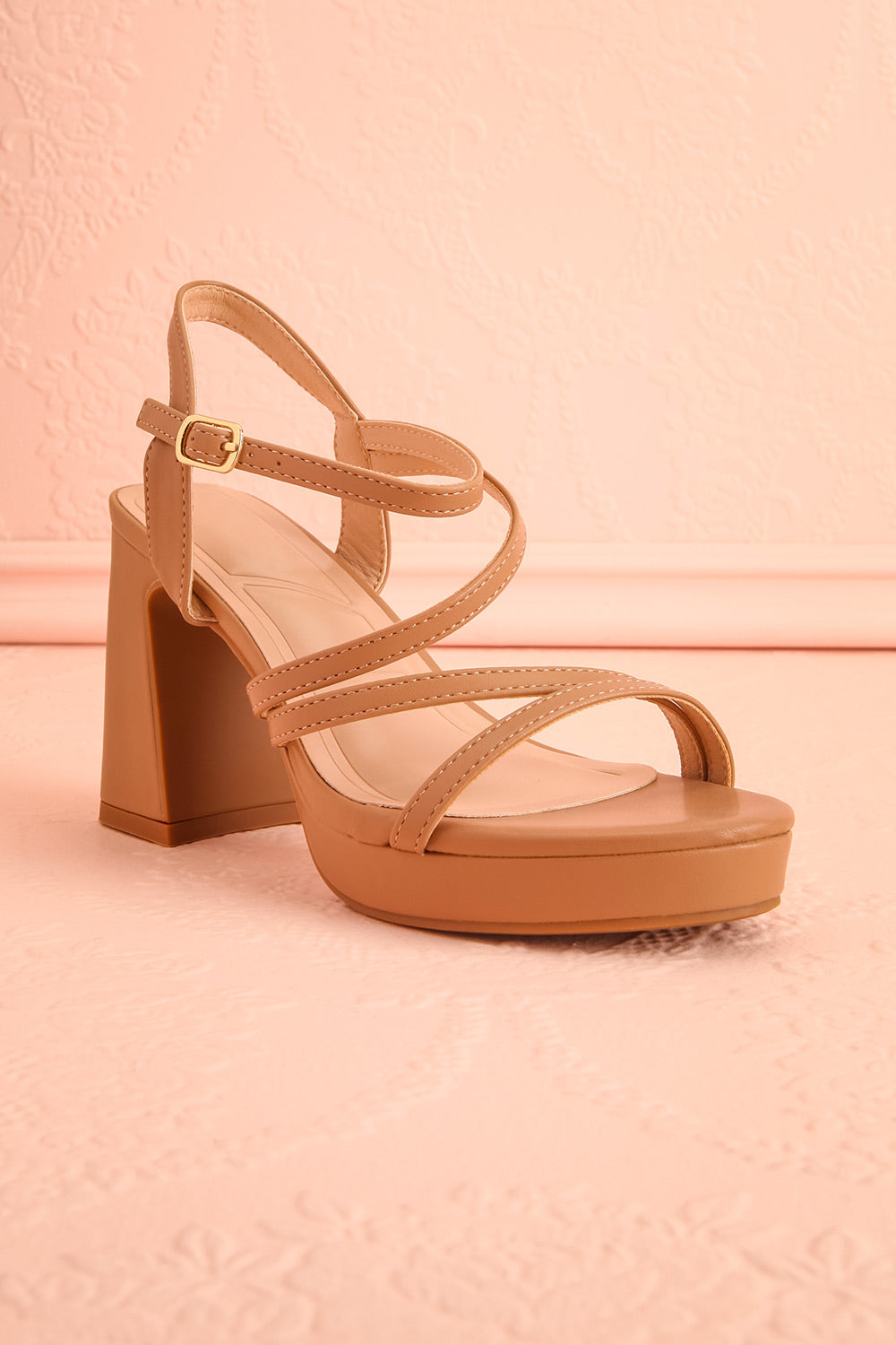 Profile view of Adina Beige Strappy Platform Sandals with Block Heel from boutique 1861