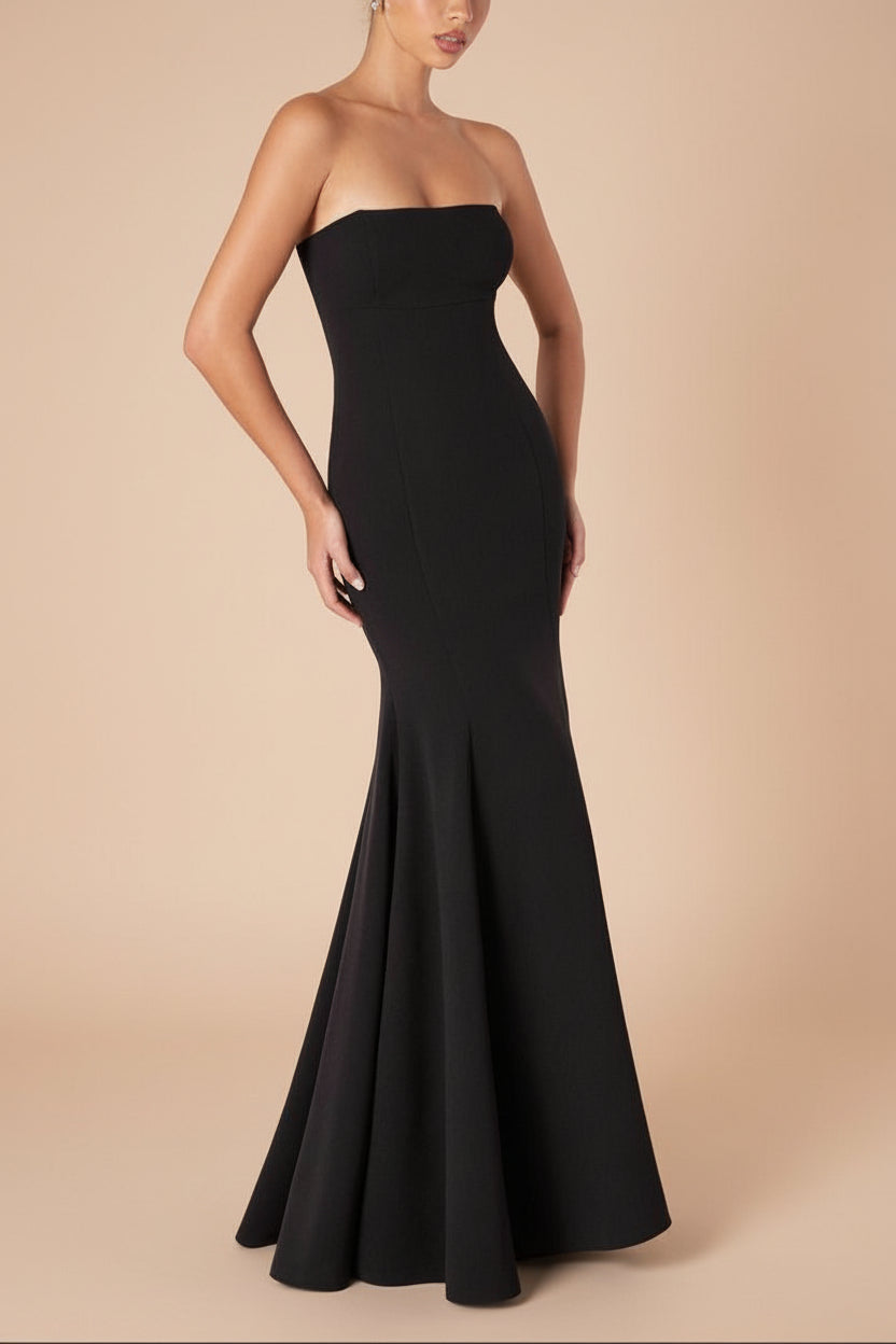 Aeji photo on mannequin Black Strapless Mermaid Dress w/ Corset Back | Boutique 1861 profile view