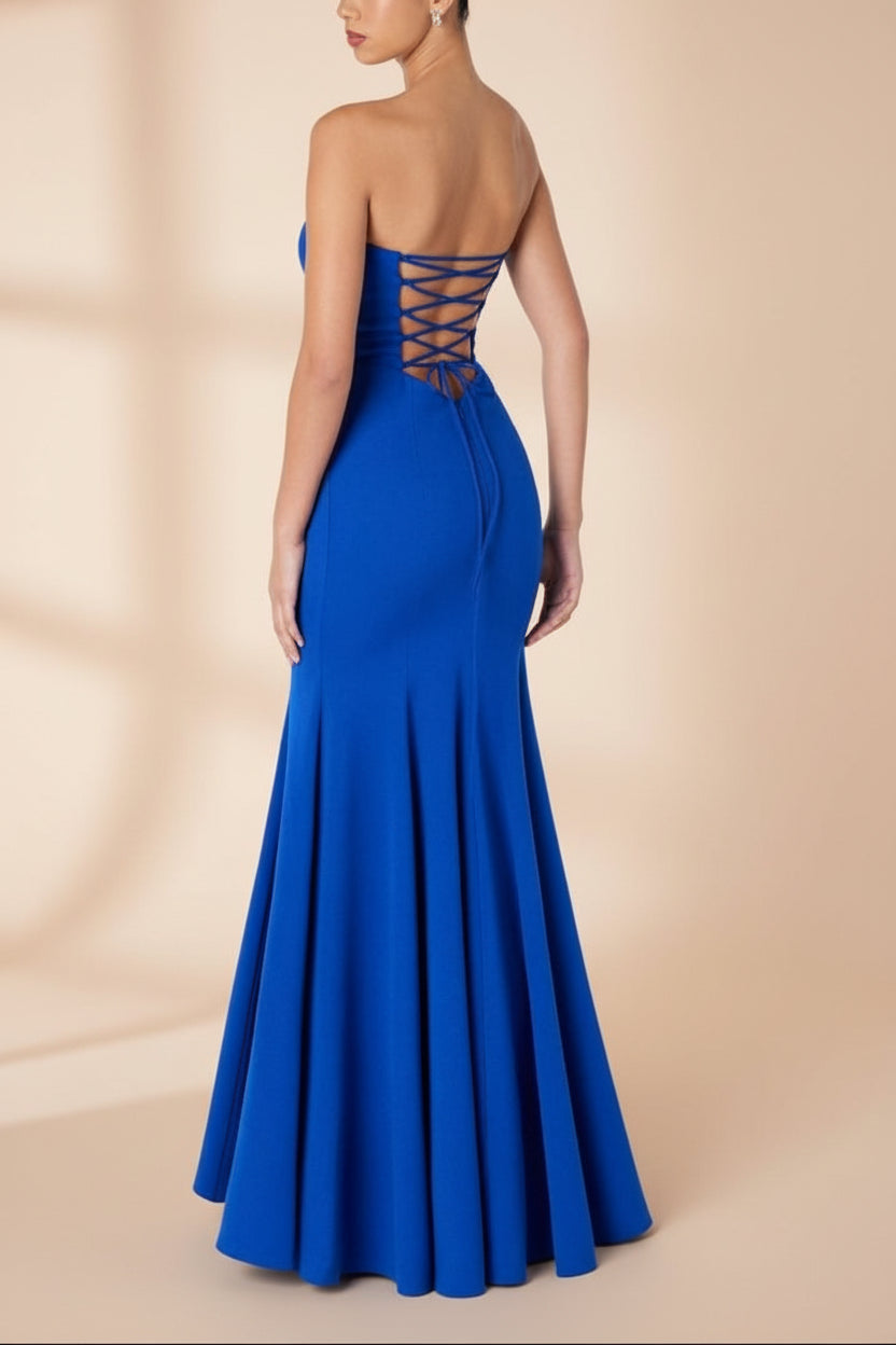 Aeji Blue Strapless Mermaid Dress w/ Corset Back | Boutique 1861 back back on mannequin