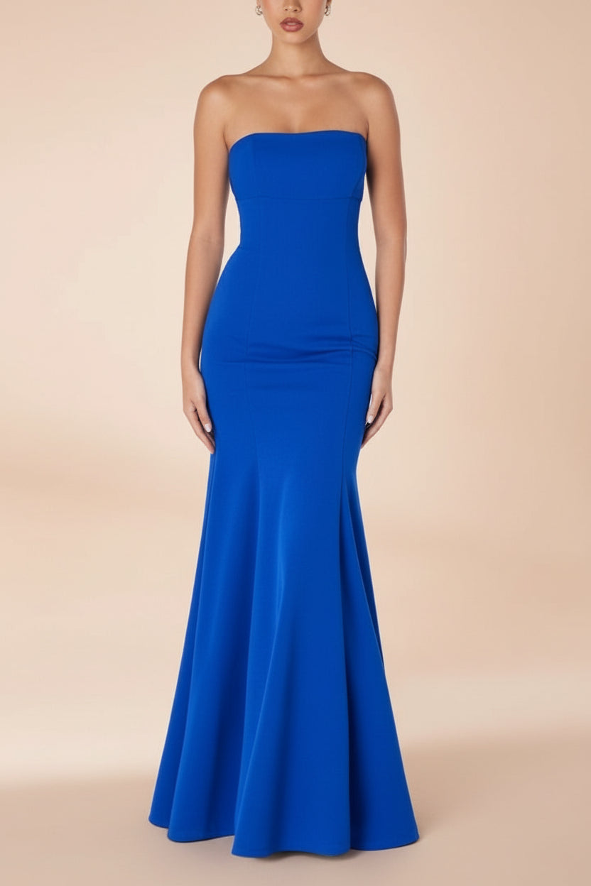 Aeji Blue Strapless Mermaid Dress w/ Corset Back | Boutique 1861 front on mannequin