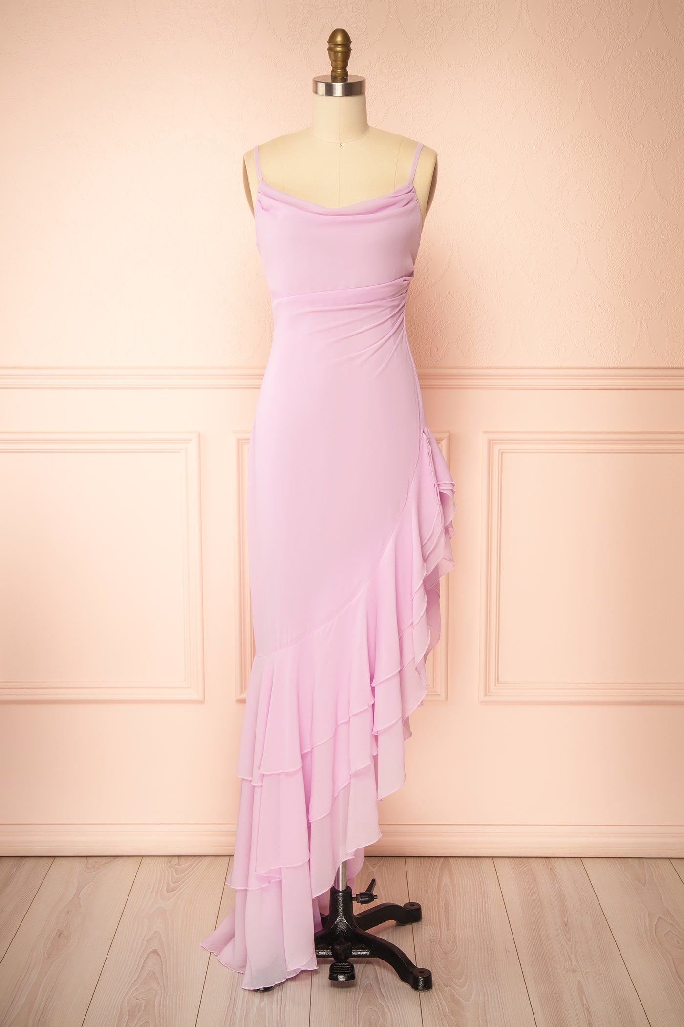 Aeron Mauve Chiffon Asymmetrical Ruffle Maxi Dress