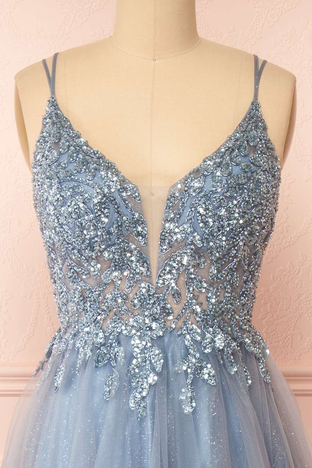Aethera Blue Grey Sparkling Beaded A-Line Maxi Dress | Boutique 1861 front