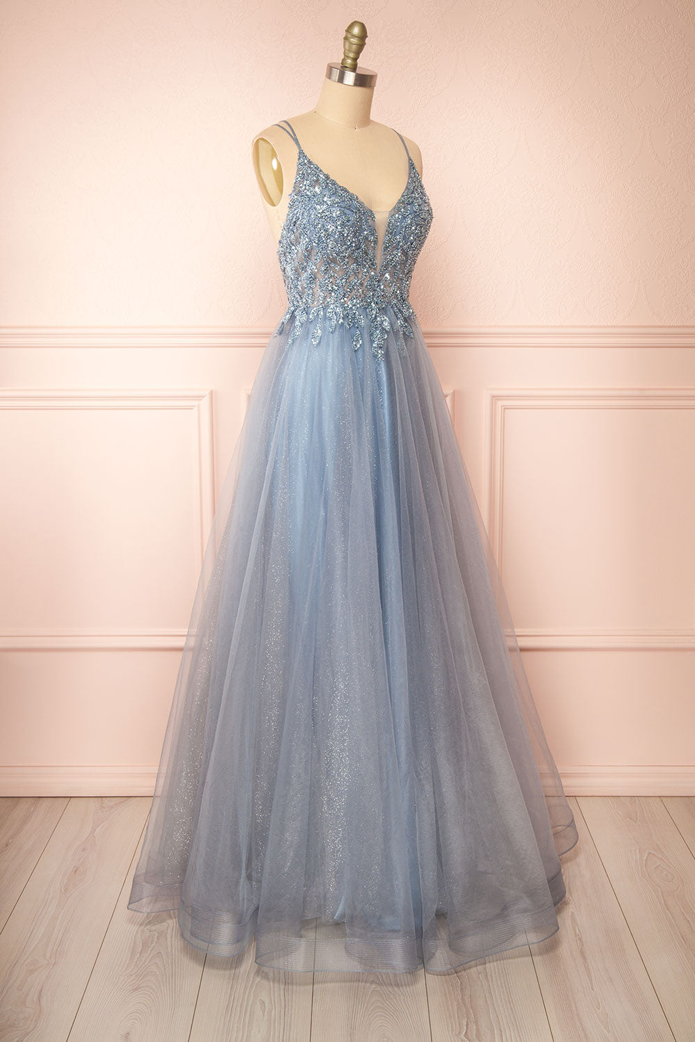 Aethera Blue Grey Sparkling Beaded A-Line Maxi Dress | Boutique 1861 side view