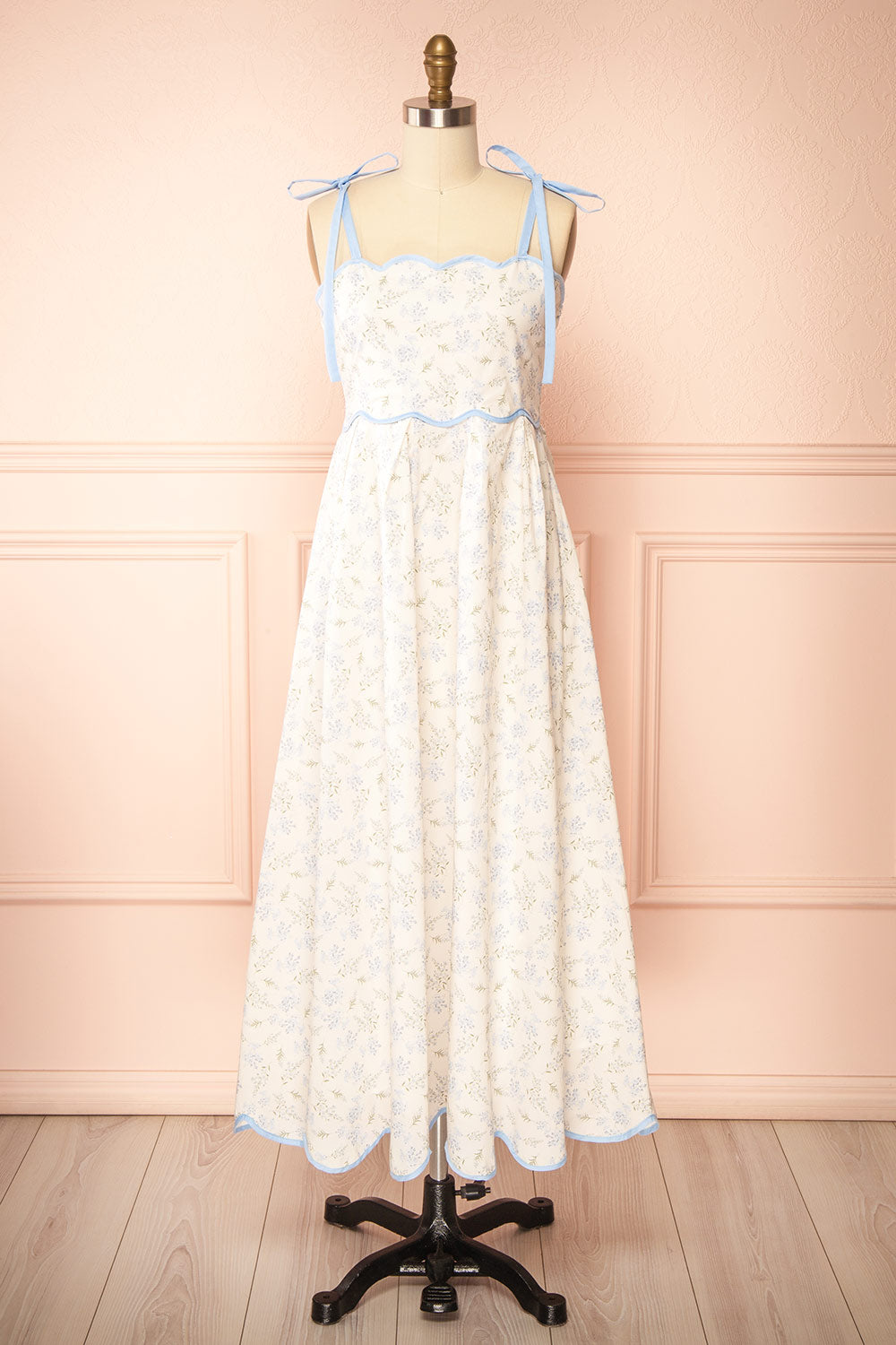 Ahrya Blue Floral Midi Dress with Bow Straps and Scallop Hem | Boutique 1861 front view