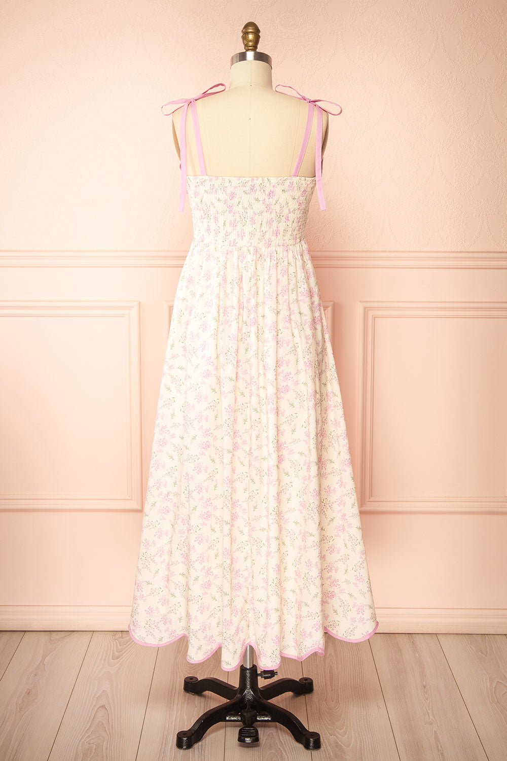Ahrya Pink Floral Midi Dress with Bow Straps and Scallop Hem | Boutique 1861 back view