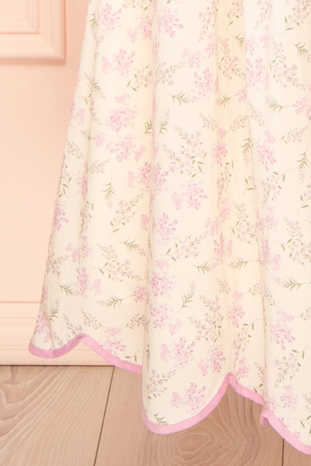 Ahrya Pink Floral Midi Dress with Bow Straps and Scallop Hem | Boutique 1861 bottom