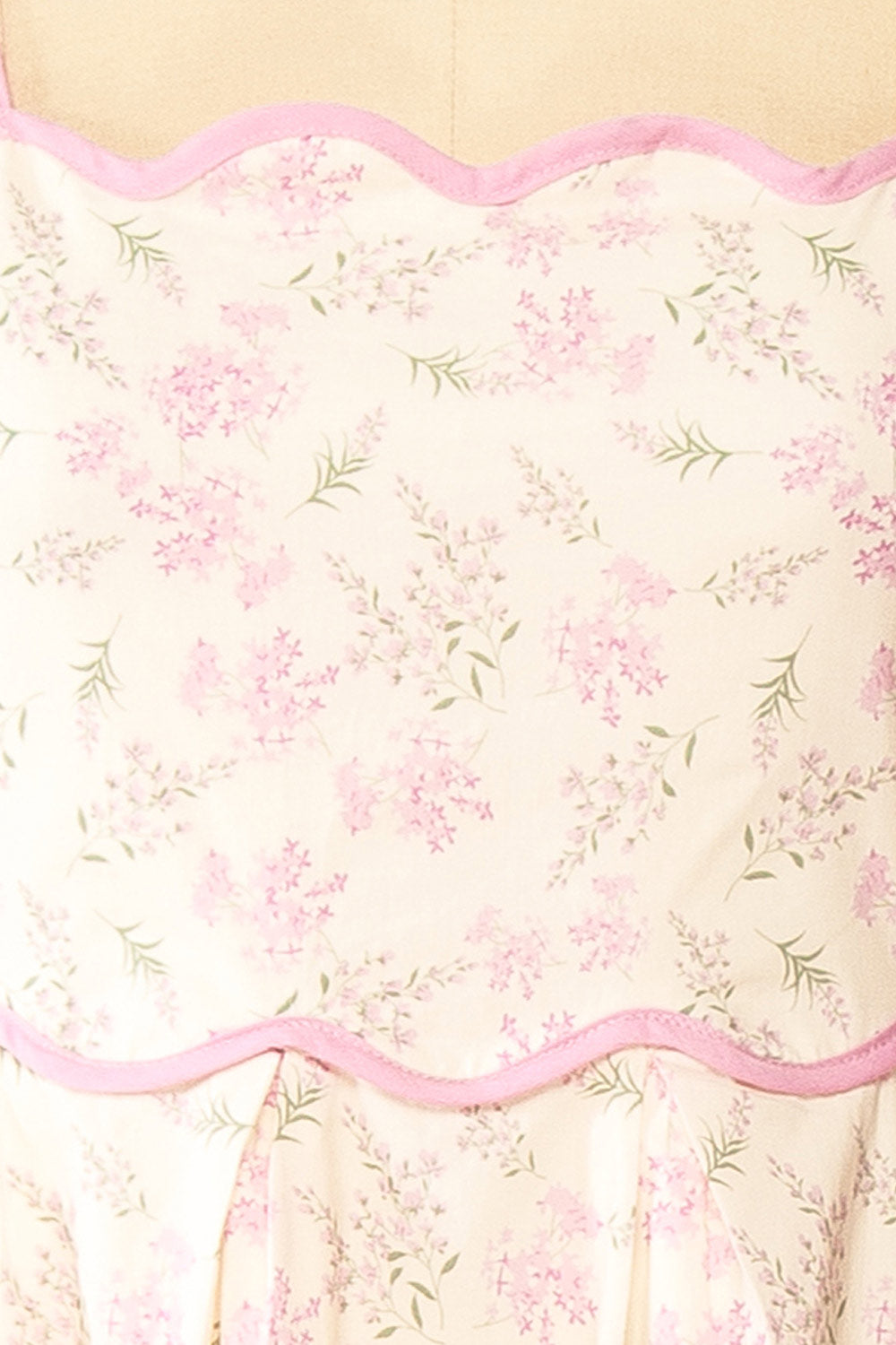 Ahrya Pink Floral Midi Dress with Bow Straps and Scallop Hem | Boutique 1861 fabric