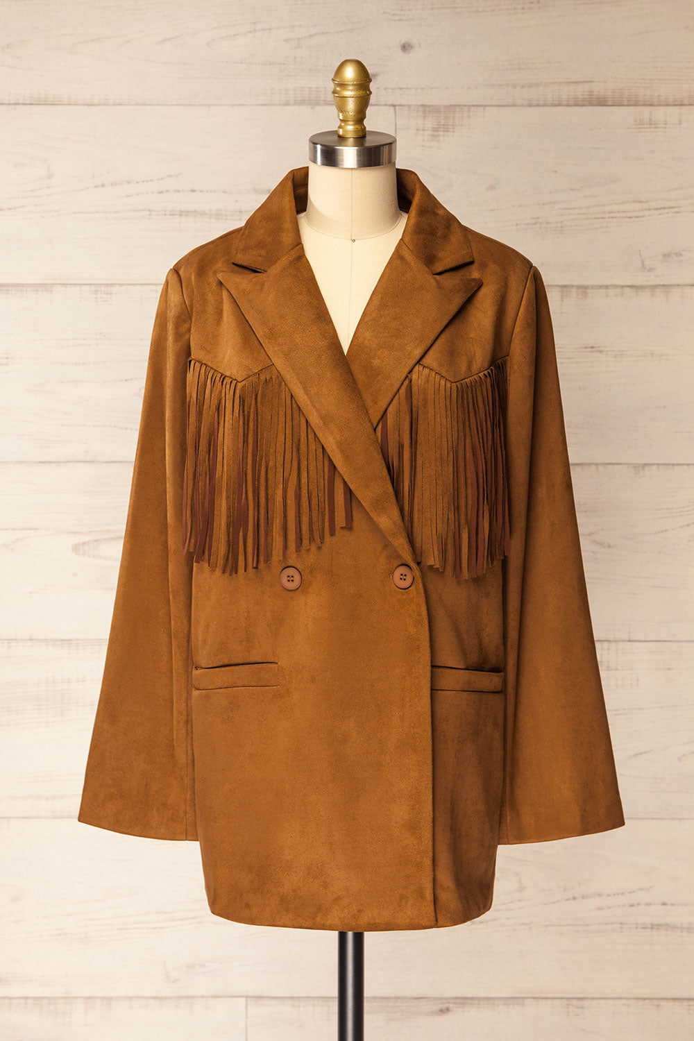 Aiken Brown Faux Suede Jacket with Fringes | La petite garçonne front view