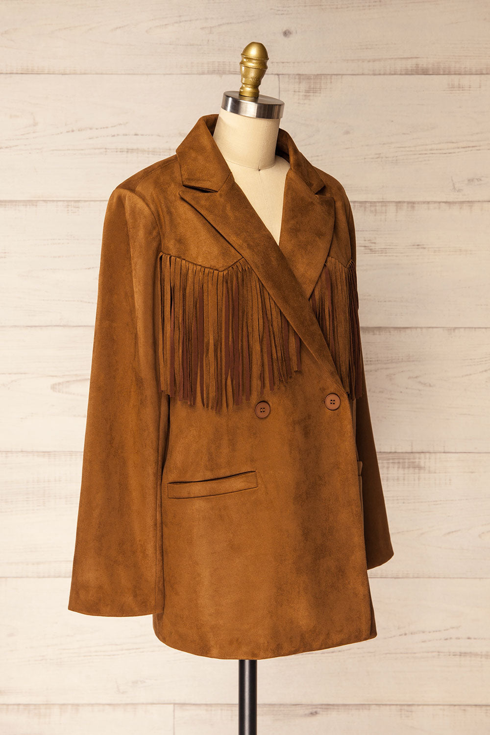 Aiken Brown Faux Suede Jacket with Fringes | La petite garçonne side view