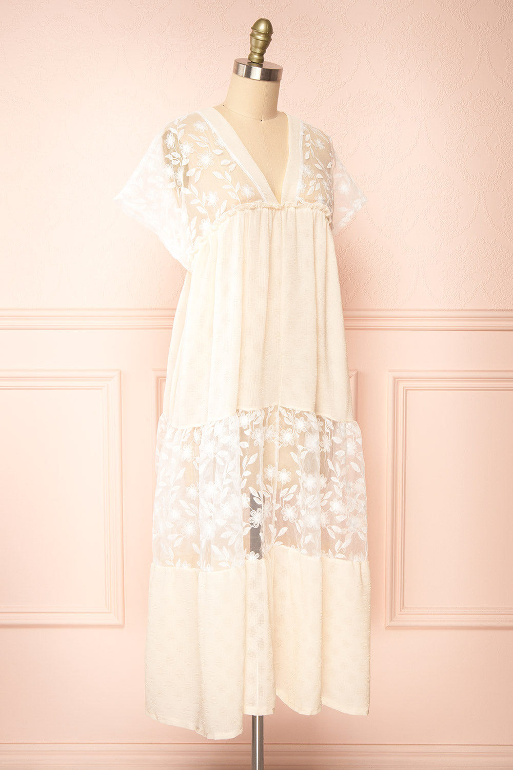 Ailee Beige & White Tiered Midi Dress w/ Embroidery | Boutique 1861 side view