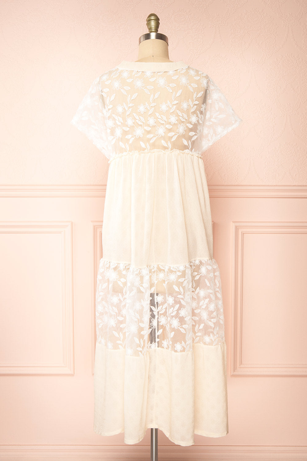 Ailee Beige & White Tiered Midi Dress w/ Embroidery | Boutique 1861 back view