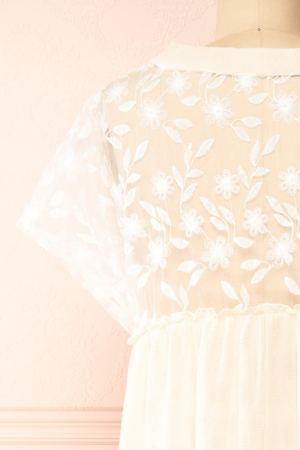 Ailee Beige & White Tiered Midi Dress w/ Embroidery | Boutique 1861 back close-up