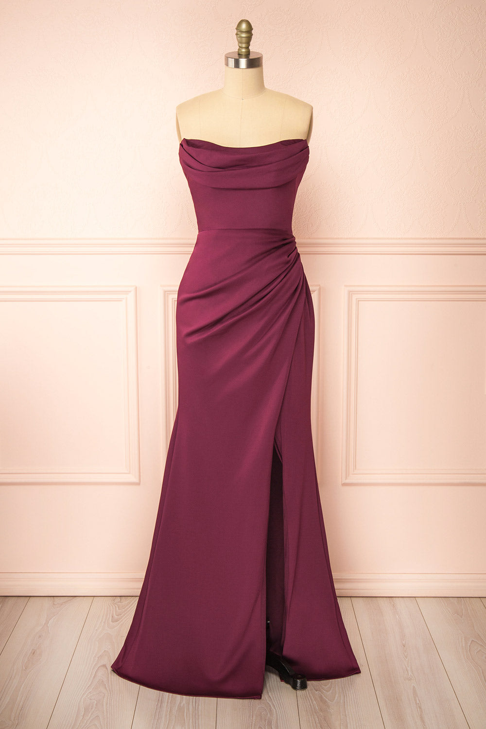 Ailsa Burgundy Strapless Gown w/ High Slit | Boutique 1861 front view