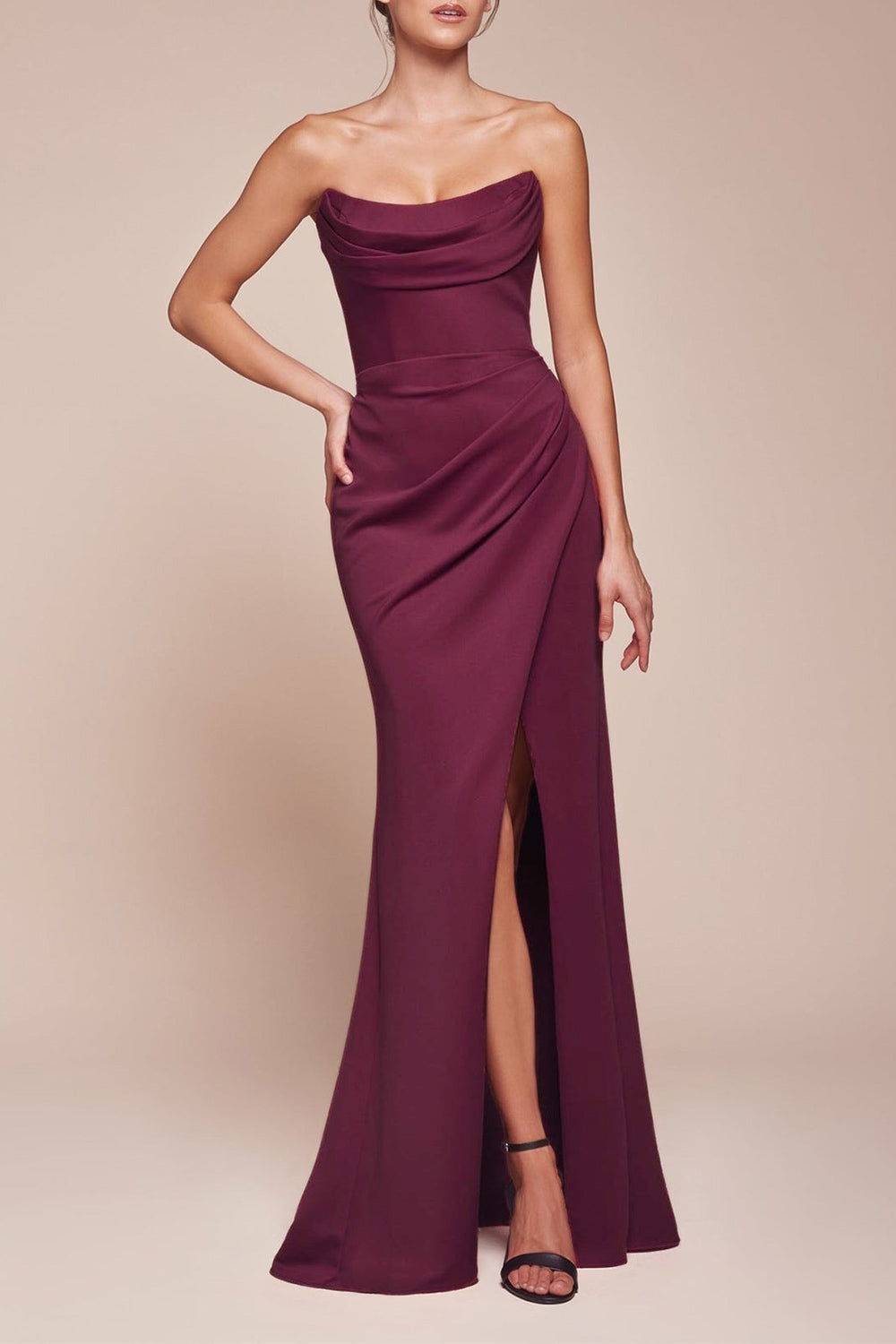 Ailsa Burgundy Strapless Gown w/ High Slit | Boutique 1861 model