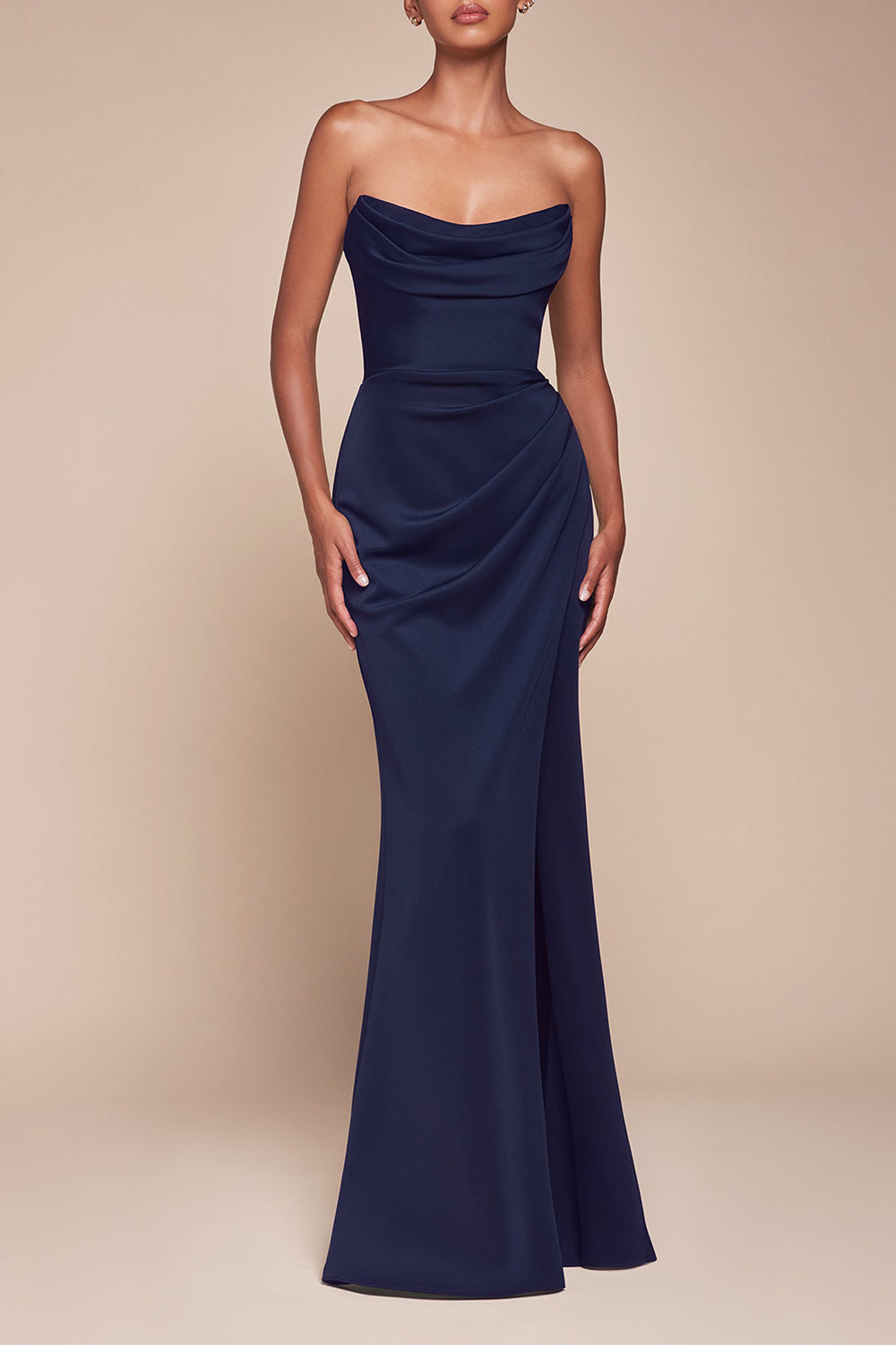 Ailsa Navy Strapless Gown w/ High Slit | Boutique 1861 on model