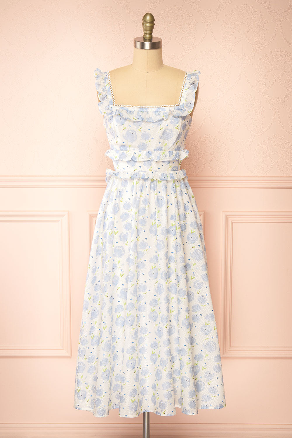 Aisha Long White Dress w/ Blue Floral Pattern | Boutique 1861 front view