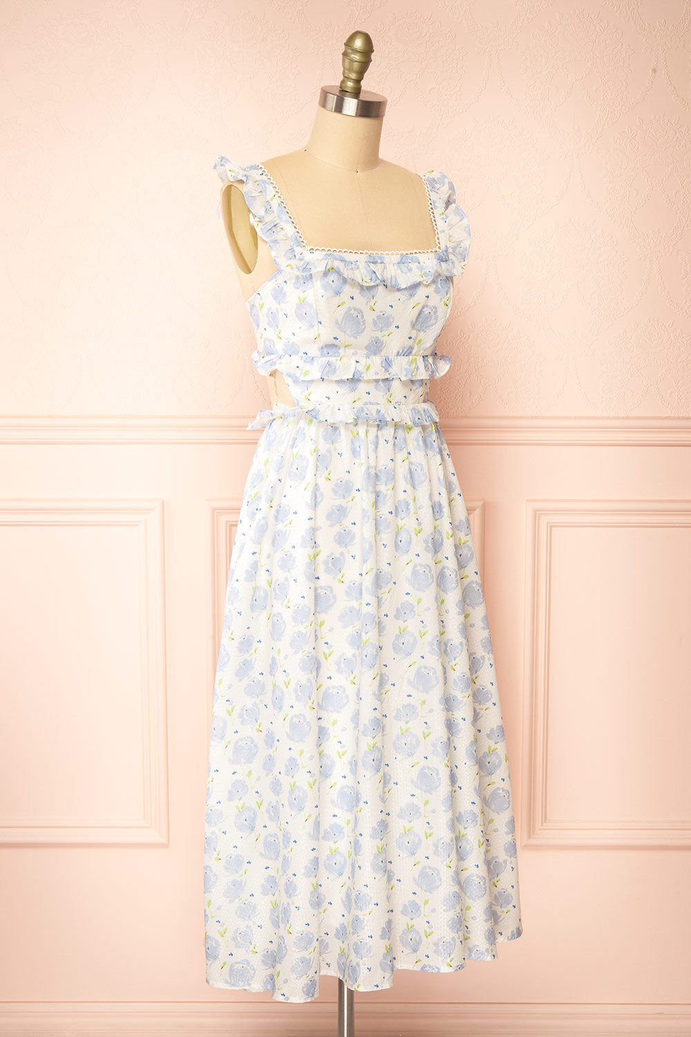 Aisha Long White Dress w/ Blue Floral Pattern | Boutique 1861 side view