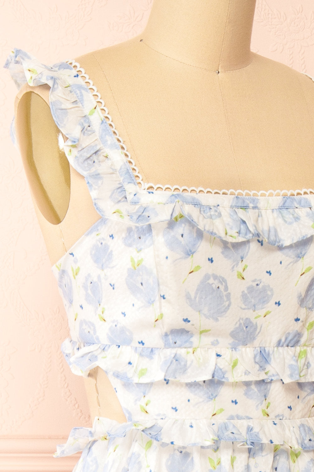 Aisha Long White Dress w/ Blue Floral Pattern | Boutique 1861 side