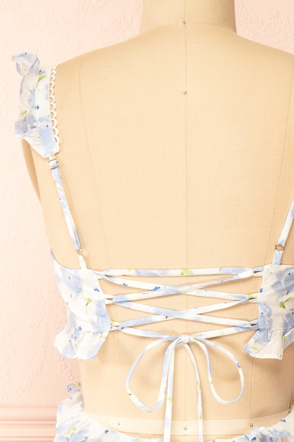 Aisha Long White Dress w/ Blue Floral Pattern | Boutique 1861 back