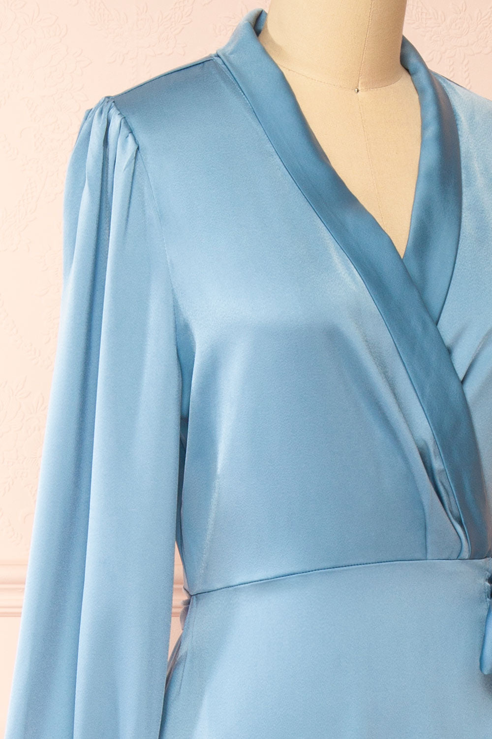 Akamari Long Satin Blue Wrap Dress | Boutique 1861 side