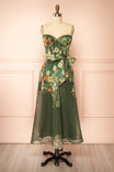 front view of Akulina Green Floral Midi Corset Dress with Pockets at Boutique 1861