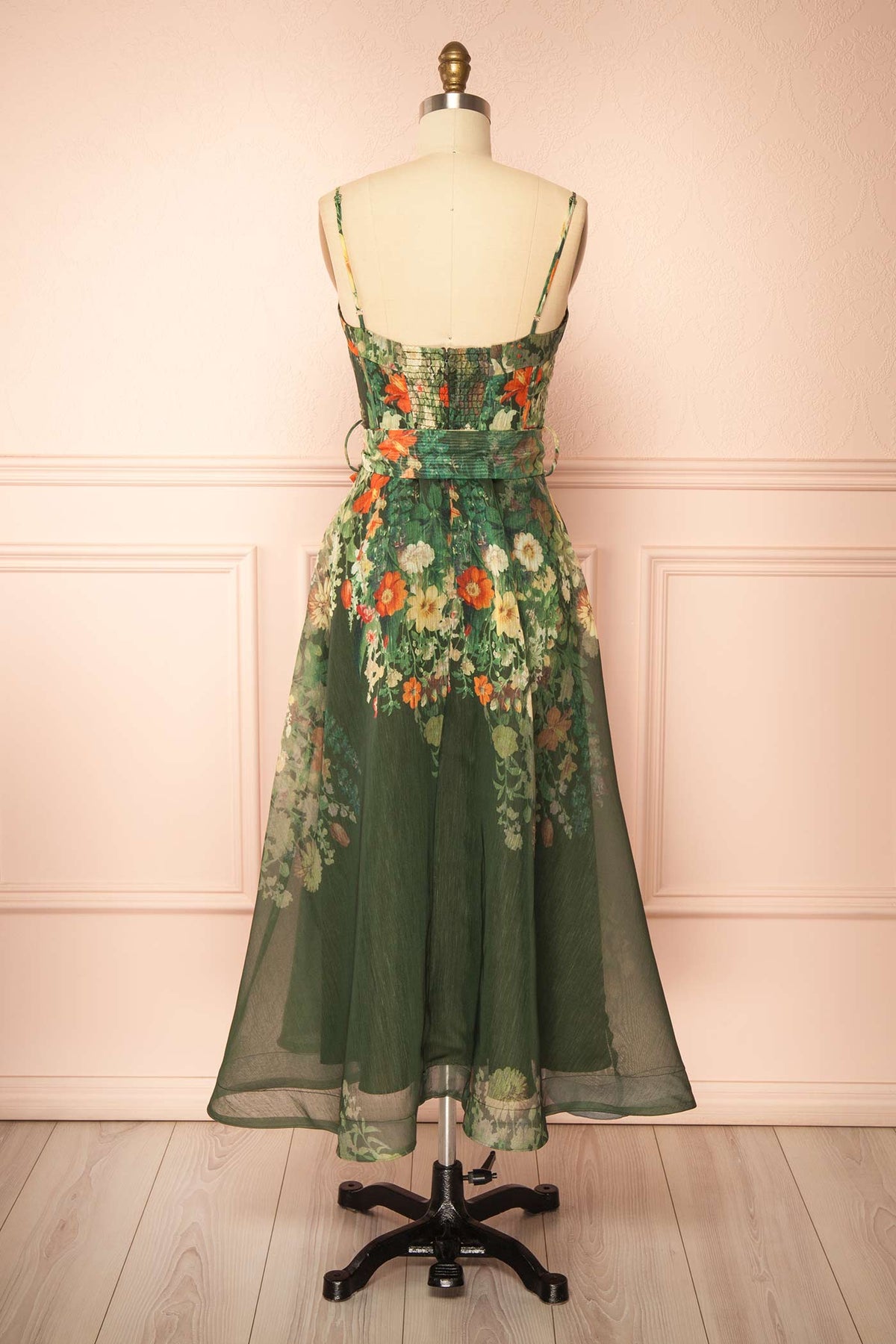 back view of Akulina Green Floral Midi Corset Dress with Pockets at Boutique 1861