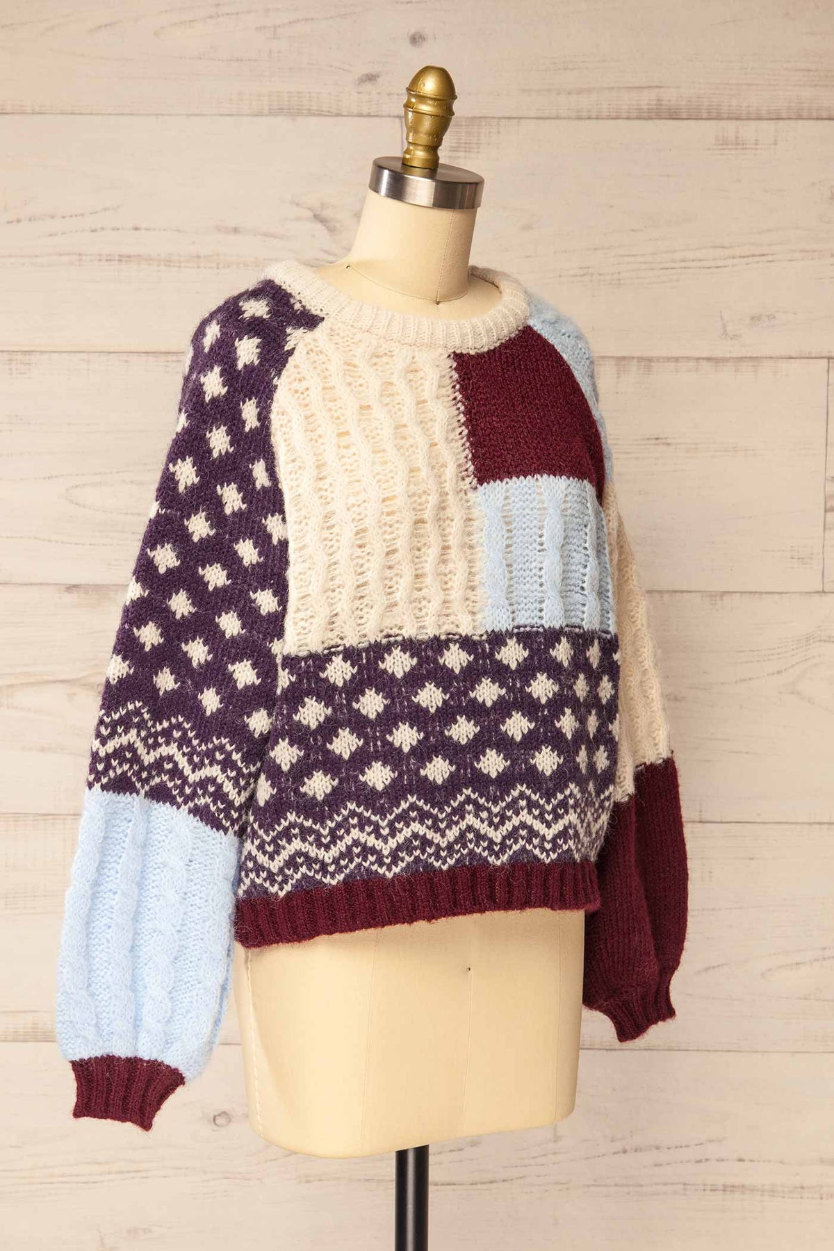 side view of Alamo Multicolour Patchwork Cable Knit Sweater at La petite garçonne