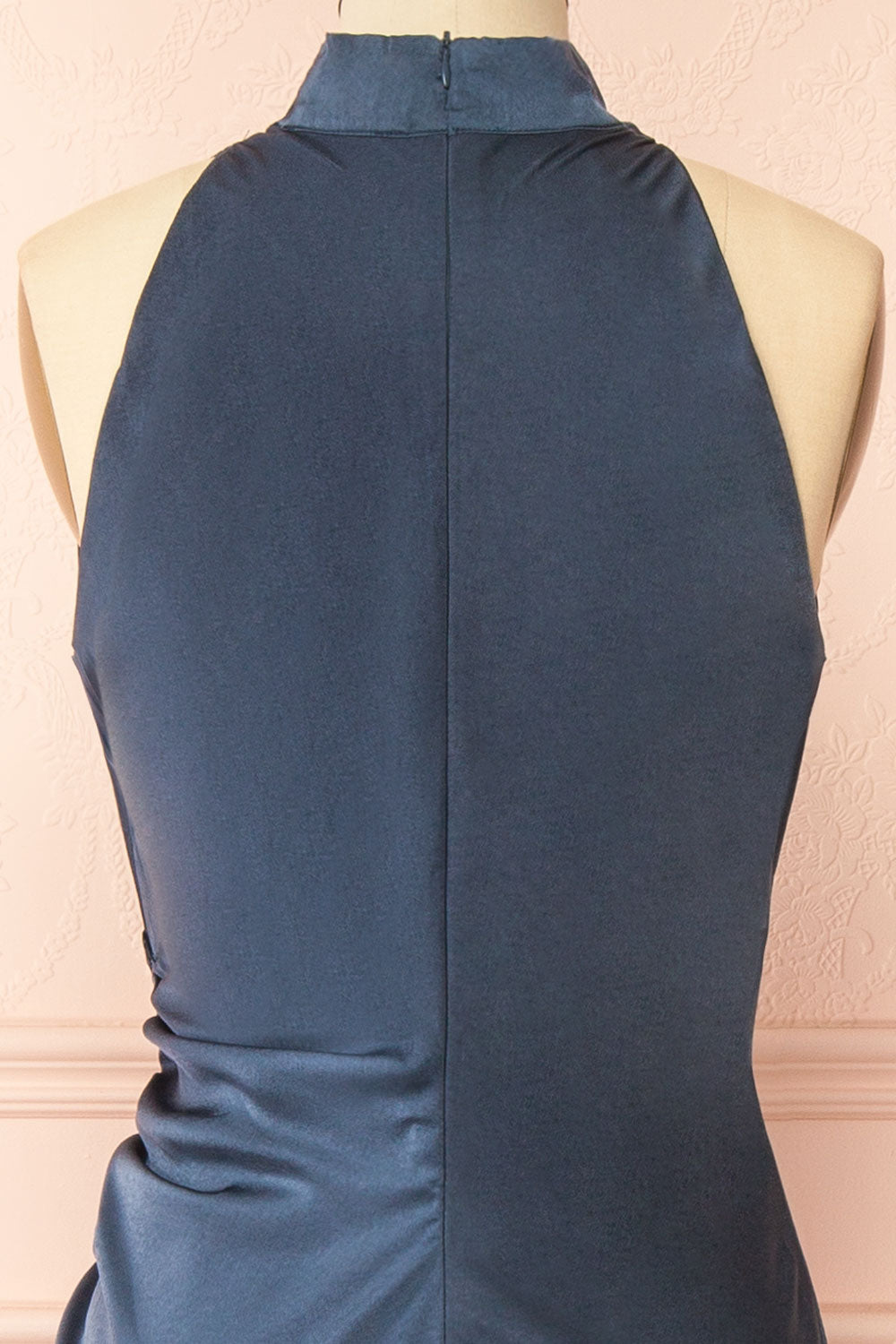 back of a sewing mannequin wearing the Alberta Navy Maxi Dress with a high neckline from Boutique 1861